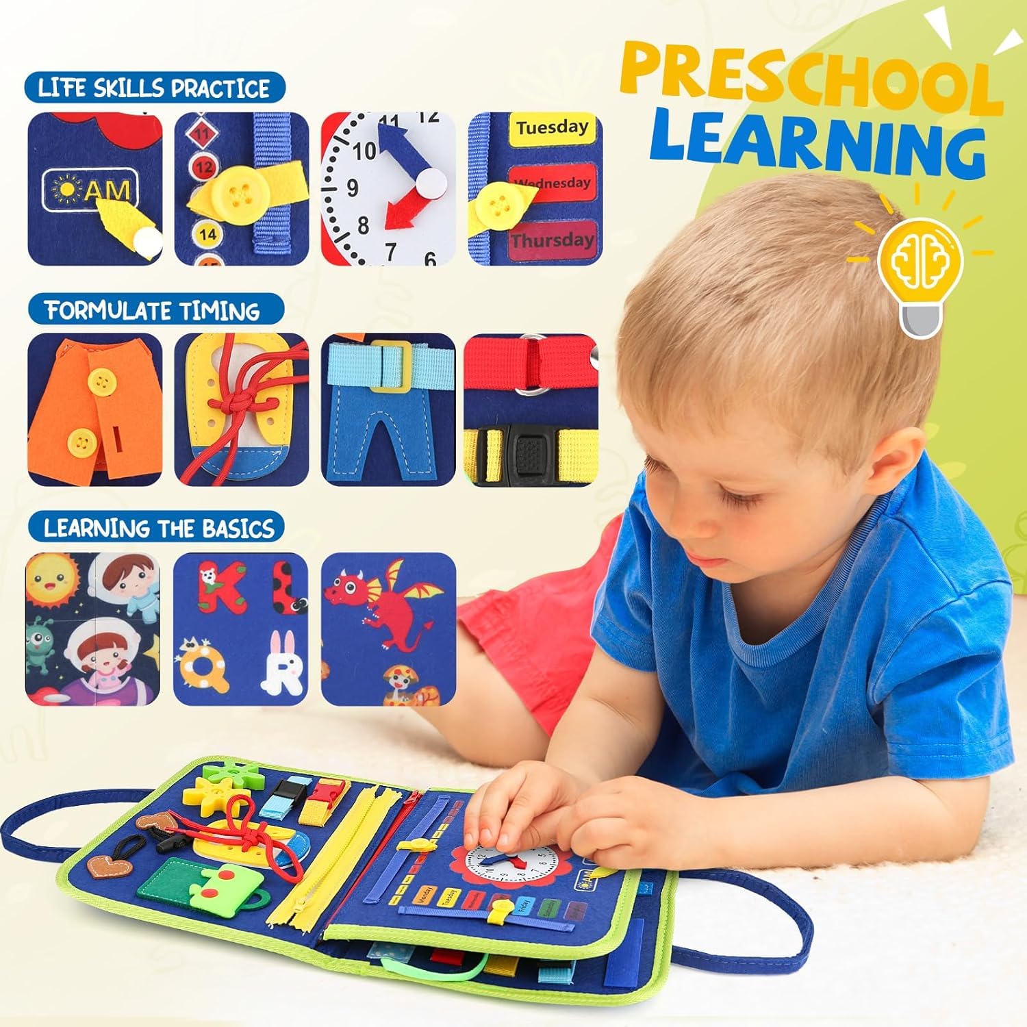 LATERN Giocattolo Montessori Busy Board per Bambini, 28CM x 21CM Tavola Sensoriale Educativa Per Attività Di Apprendimento Sviluppo Sensoriali Motorie Fini Per Bambino Regalo Aereo Auto Viaggio (Blu)