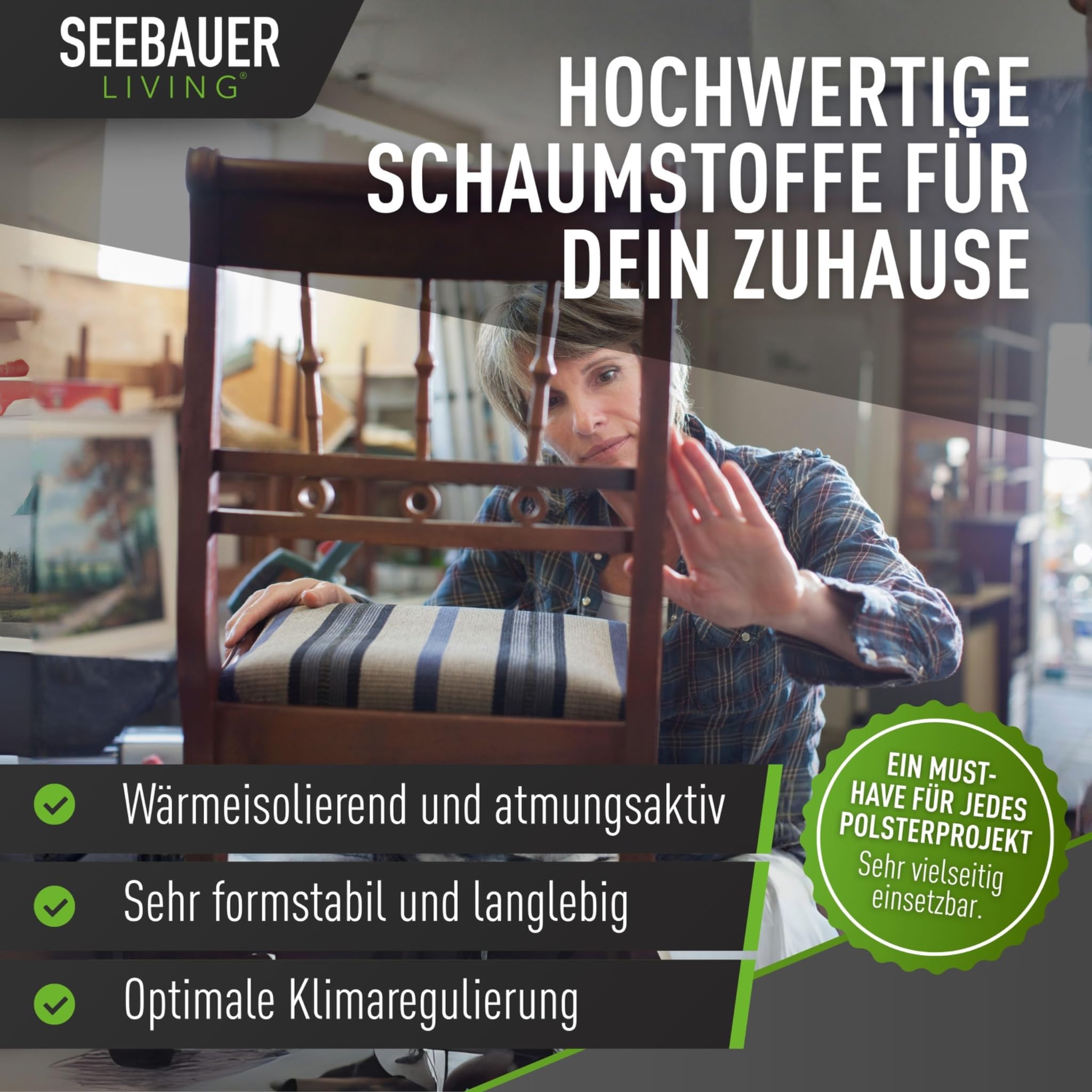 SEEBAUER Living Schaumstoff MEDIUM RG 35/40 (Mittelfest) 50 x 50 x 5 cm Schaumstoffplatte für Polster und Sitzkissen, Polsterschaumstoff als Zuschnitt für Sitzpolster