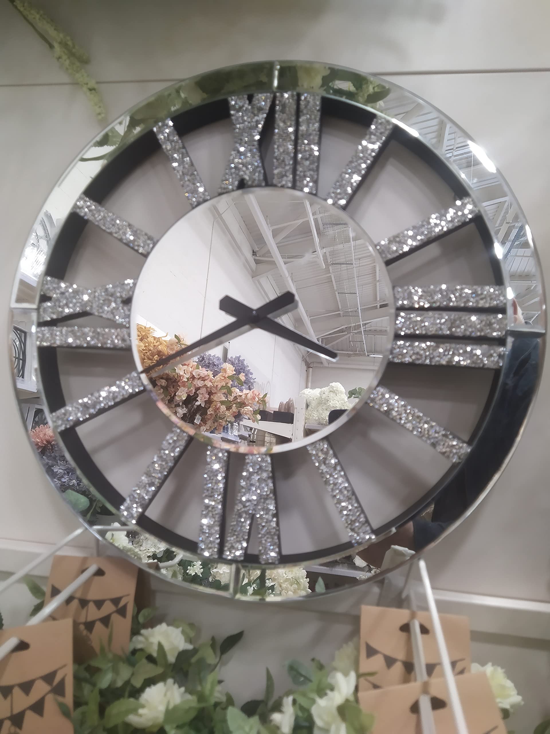 Biznest Silver Large Mirrored Crushed Crystal Round Roman Number Wall Clock 40X40cm