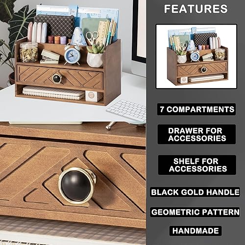 Miniatura 5 de Brown Wood Desk Organizer and Accessories with Drawer, Bill Mail Organizer and File Mail Holder for Office Supplies, Desk Accessories & Workspace