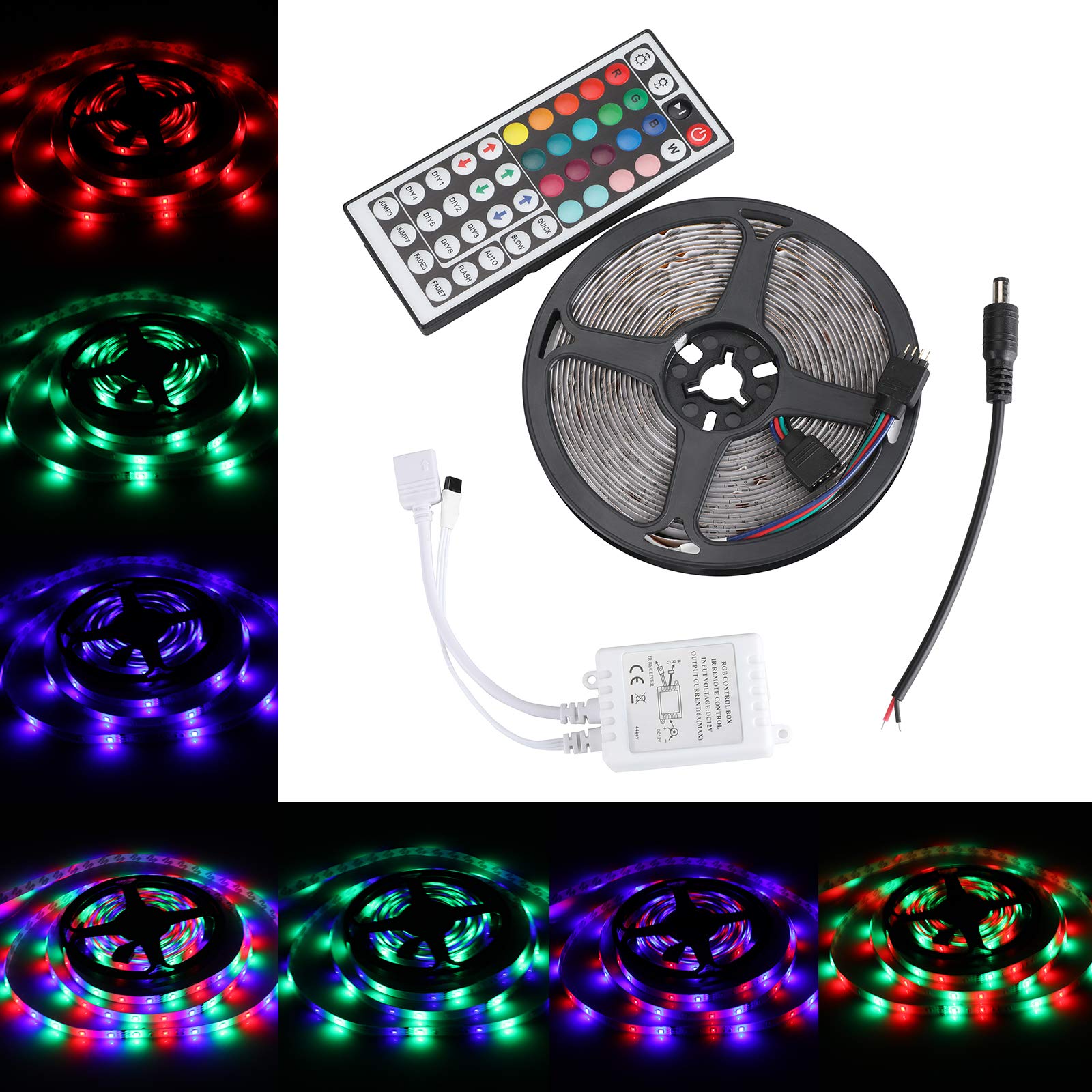 LED Strip Lights 16.4ft RGB Color Changing Flexible 3528 LED Rope Light with 44-Keys IR Remote Controller Power Supply for Room Home Kitchen TV Party Bar Decor