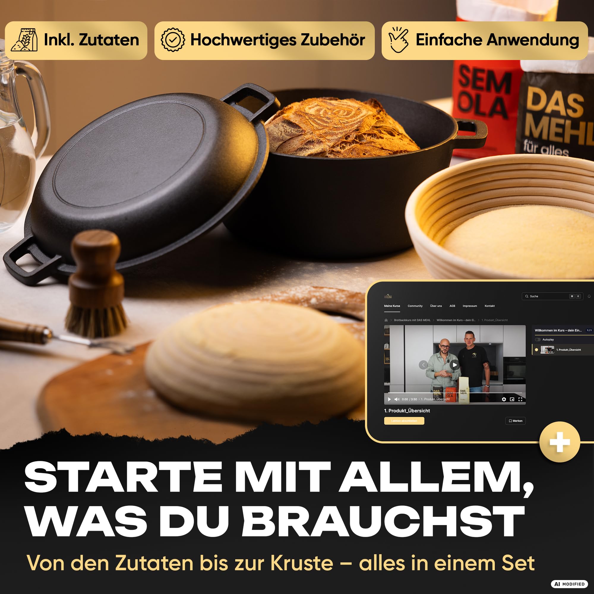 Delicret Premium Brotback Set für Weizenbrot mit Zutaten & Gusseisentopf