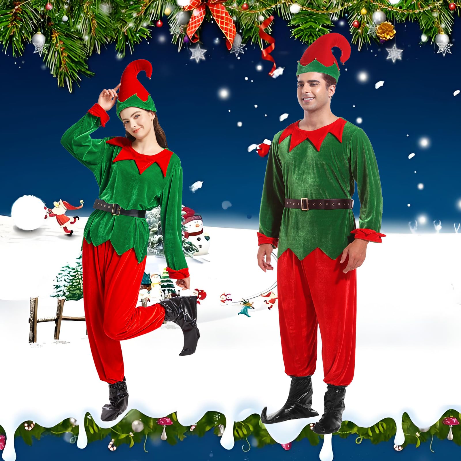 JESOHO Costume d'elfe unisexe pour adulte, déguisement de Noël, haut vert, pantalon rouge, ceinture, chapeau, couvre-chaussures. (Taille : S, M, L, XL, XXL)