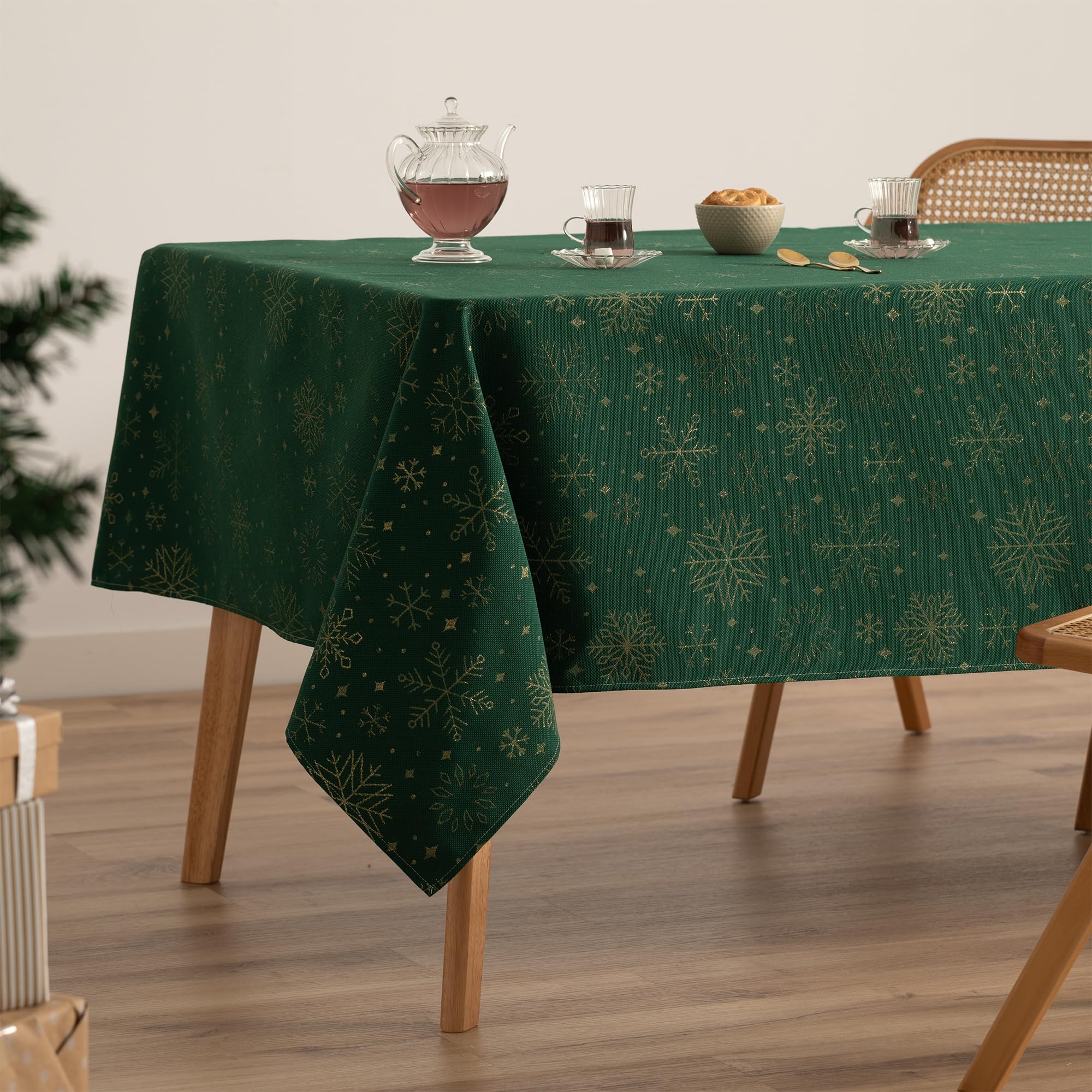 GAMUSI Mantel Navidad Jacquard Hilo Dorado Mesa Comedor Rectangular Decoración Navideña 140x240 cm Color Verde