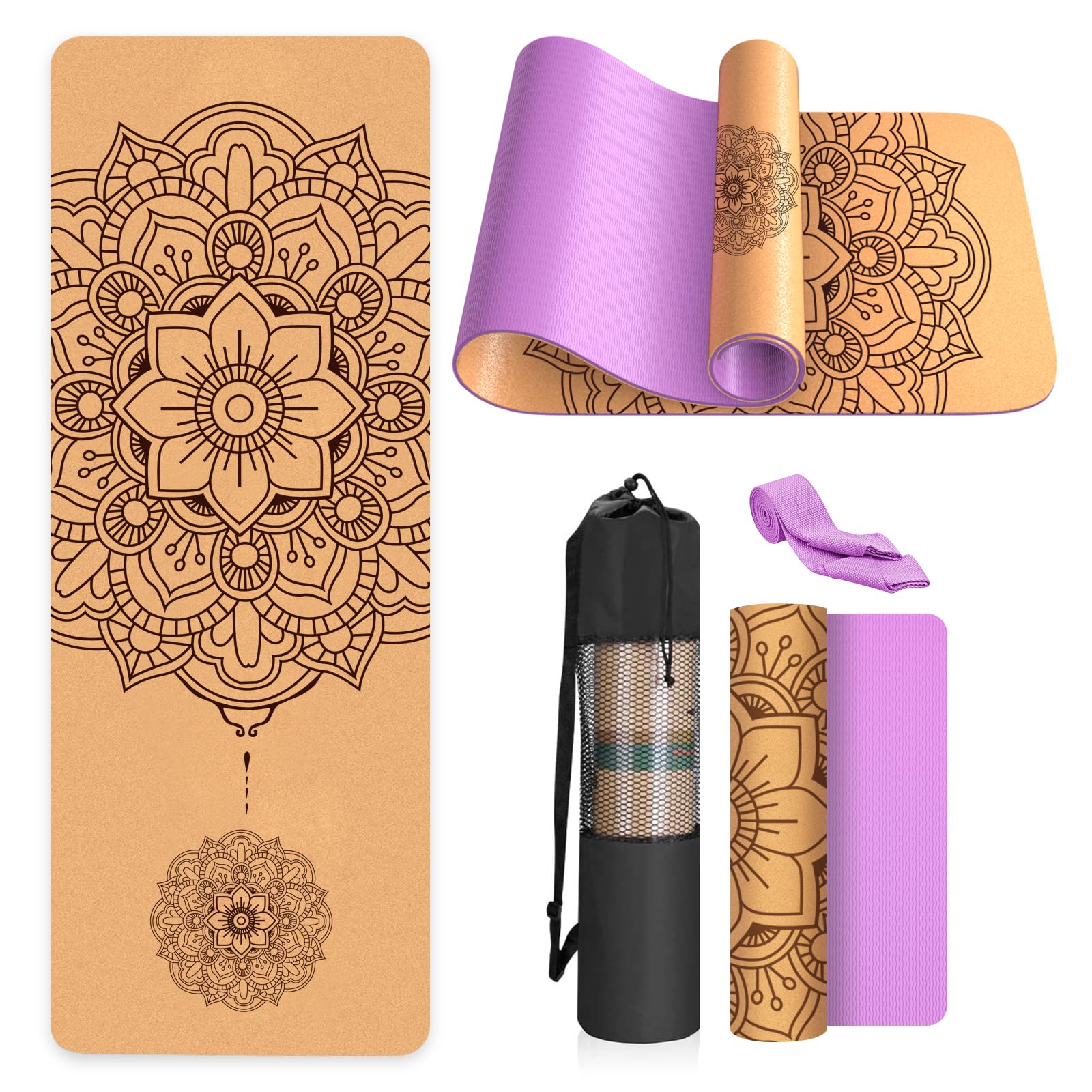 Haninj® Yogamatte-Kork, Rutschfest, Einzigartiges Design, Extradick Natürlicher Kork, TPE Fitness-Trainingsmatte mit Tragetasche und Gurt, für Zuhause, Pilates, Aerobic Fitnessstudio und Workout