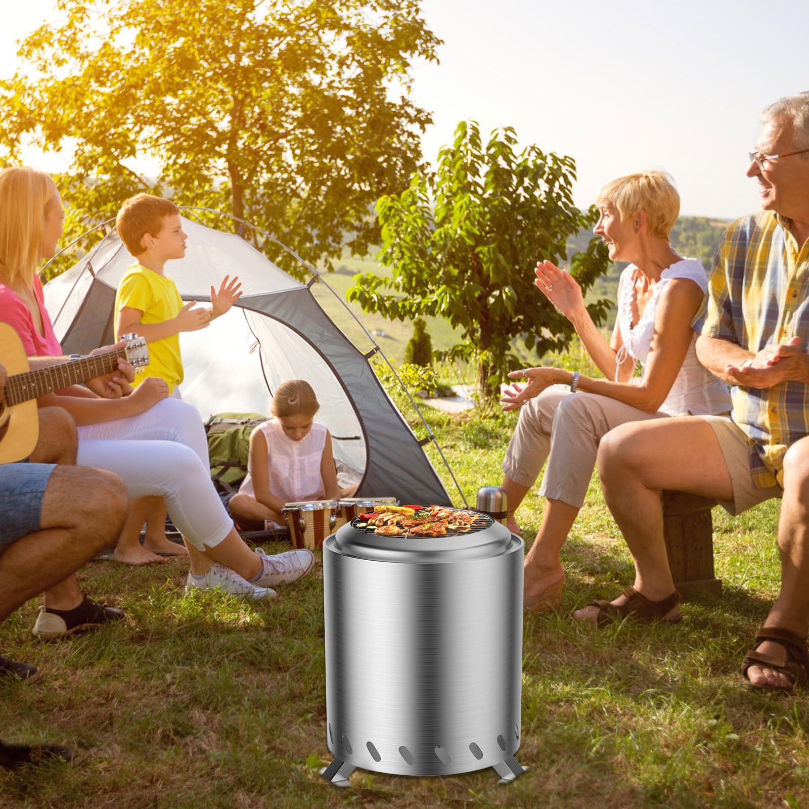 Fillis Braciere per esterni, 22x22x26cm Senza fumo in acciaio inox mini caminetto da tavolo con custodia balcone terrazza e giardino, decorazione ideale per barbecue in legno