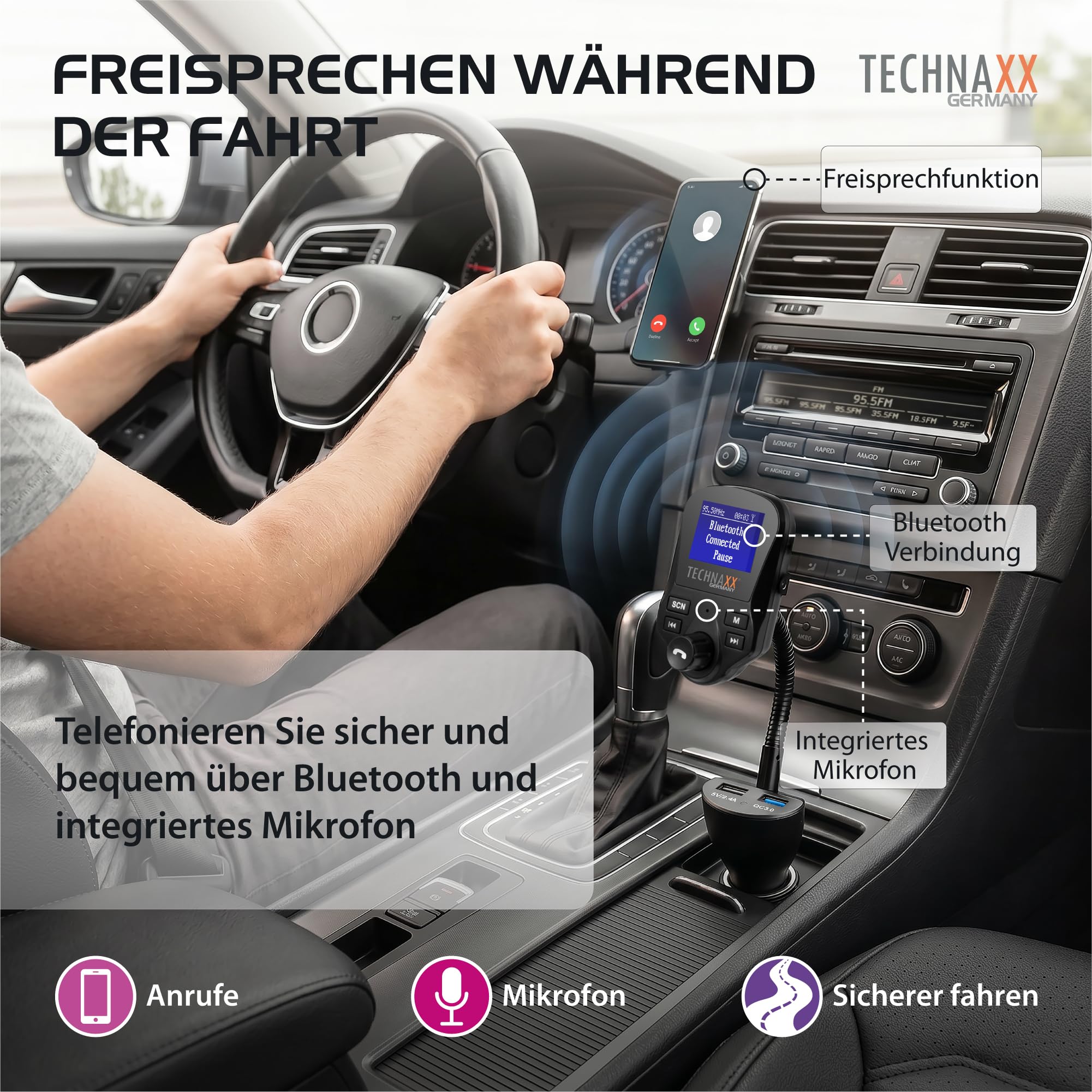 Technaxx FM DAB+ Transmitter FMT1500BT - Freisprecheinrichtung, Bluetooth V4.2, 2X USB, Mikrofon, Anrufe, MicroSD, DAB+ Radio via FM, AUX-IN, großes Display, Musik