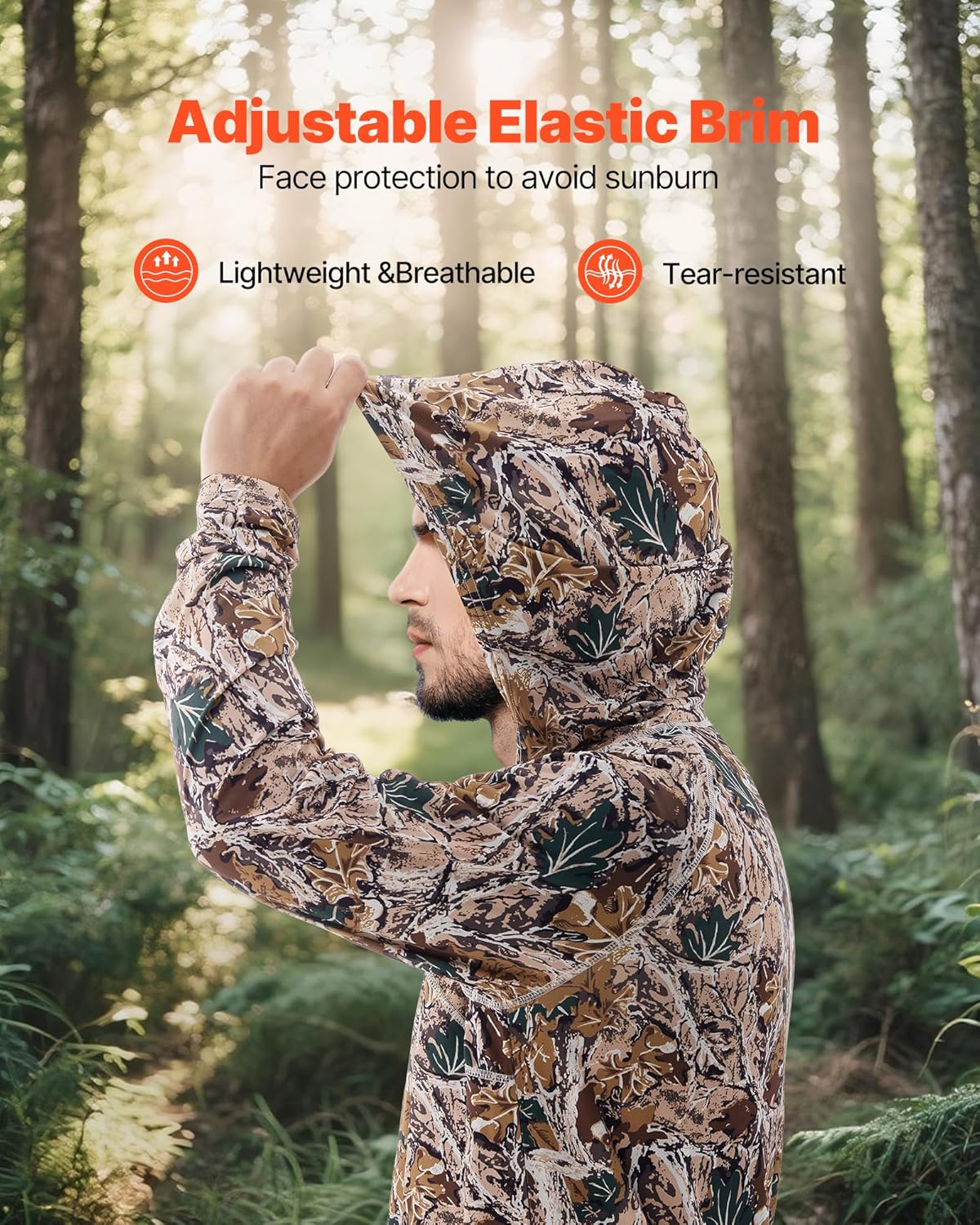 VEVOR Camo Hoodie, Men Pullover Hooded Sweatshirt Hiking Fishing Shirt with Hood, Long Sleeves Hunting Shirts for Outdoor