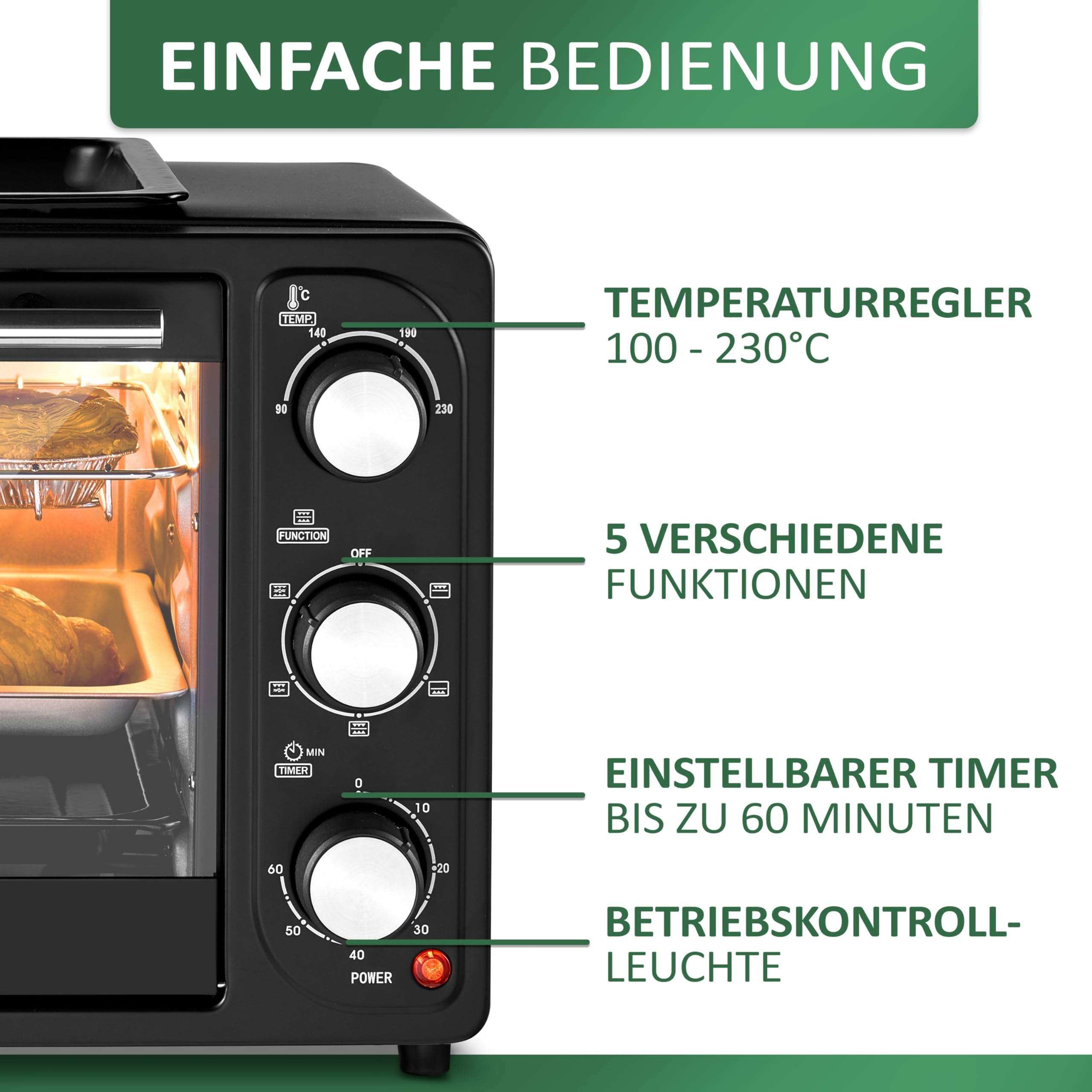 3in1 Mini Backofen 20 Liter mit Konvektion inkl. Warmhalteplatte | 2 Backbleche + Grillrost | Minibackofen | Pizza-Ofen | zuschaltbare Umluft | abnehmbare Grillplatte | 60 min.Timer | 1300W