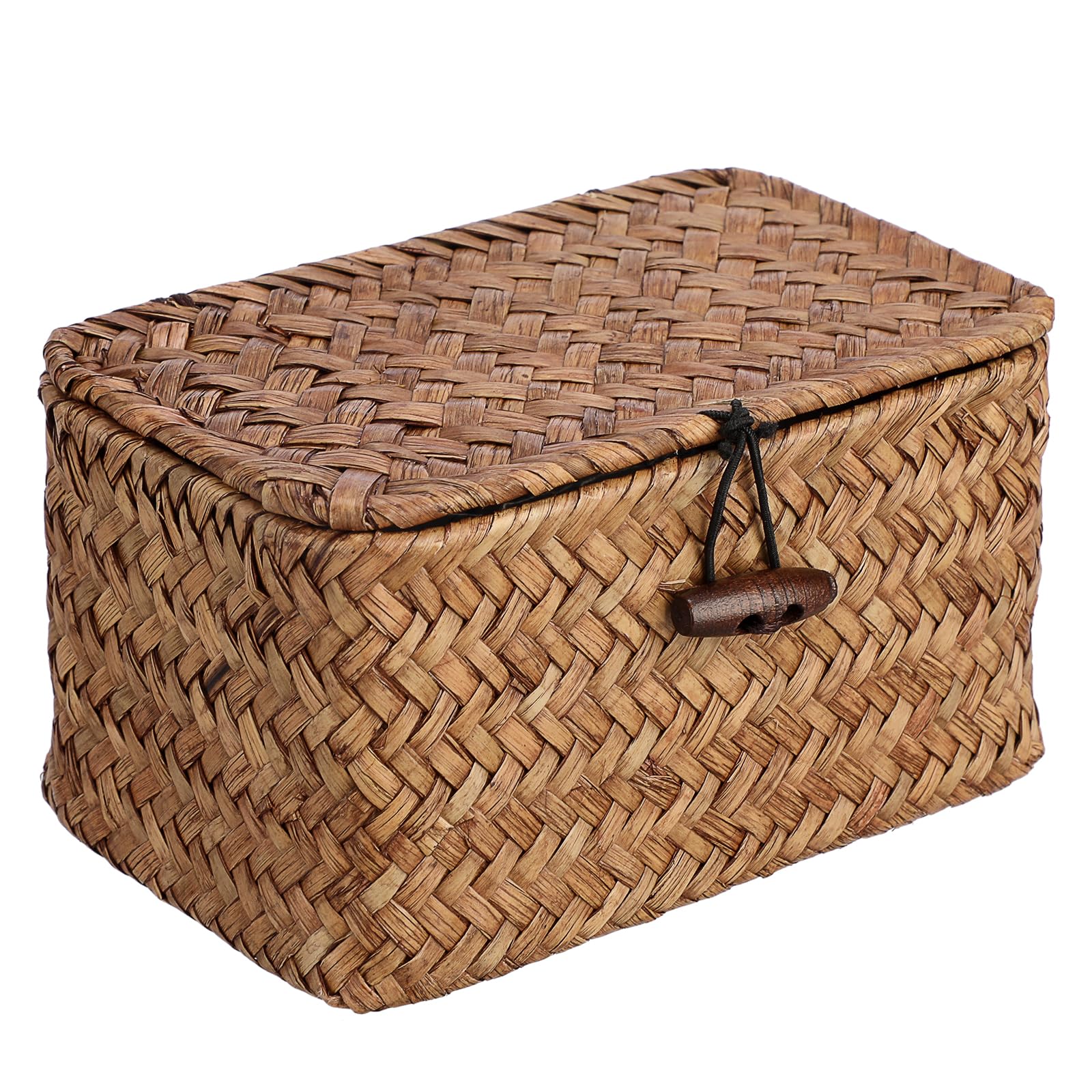 IGNPION Small Seagrass Desk Storage Basket with Lid, Wicker Entryway Keys Storage Basket, Bathroom Organiser Box, Farmhouse Decorative Shelf Box, Multipurpose for Craft, Paper Clip, Hair Ties ๏ผ๏ผ