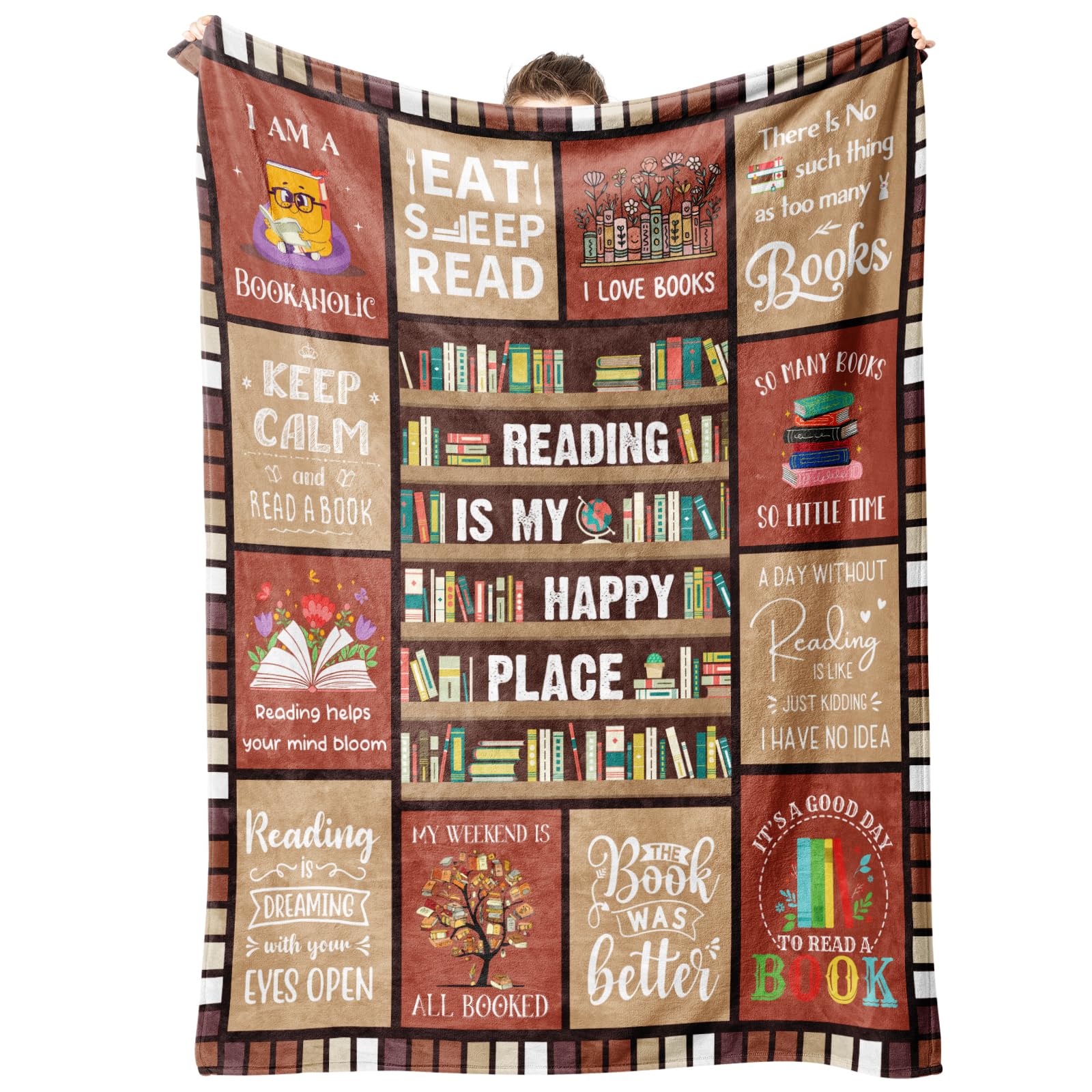 Regalo per gli amanti dei libri: coperta da lettura multicolore patchwork, 50x60in, flanella in microfibra, unisex, per tutte le stagioni