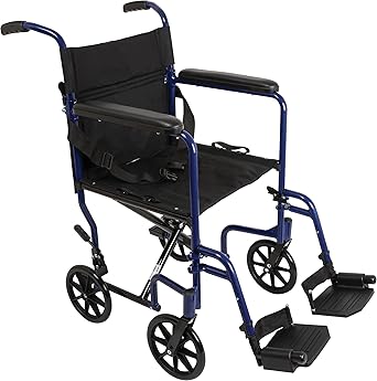 ProBasics Aluminum Transport Chair, Blue - Lightweight Folding Companion Chair with 8 Rear Wheels, 19 Seat, Swing-Away Footrests, and Padded Armrests - Supports up to 300 lbs., 20 lb. Frame