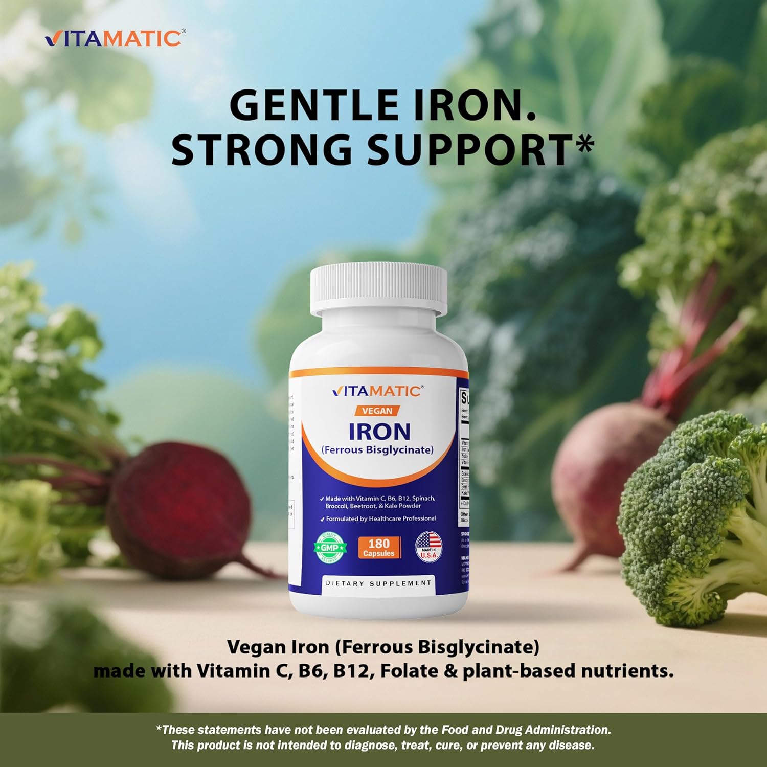Vitamatic Vegan Iron with Vitamin C, B6, B12 & Folic Acid | Plus Spinach, Broccoli, Beetroot & Kale | 180 Capsules | Non-GMO, Gluten-Free, Sugar-Free | Made in USA - Image 4