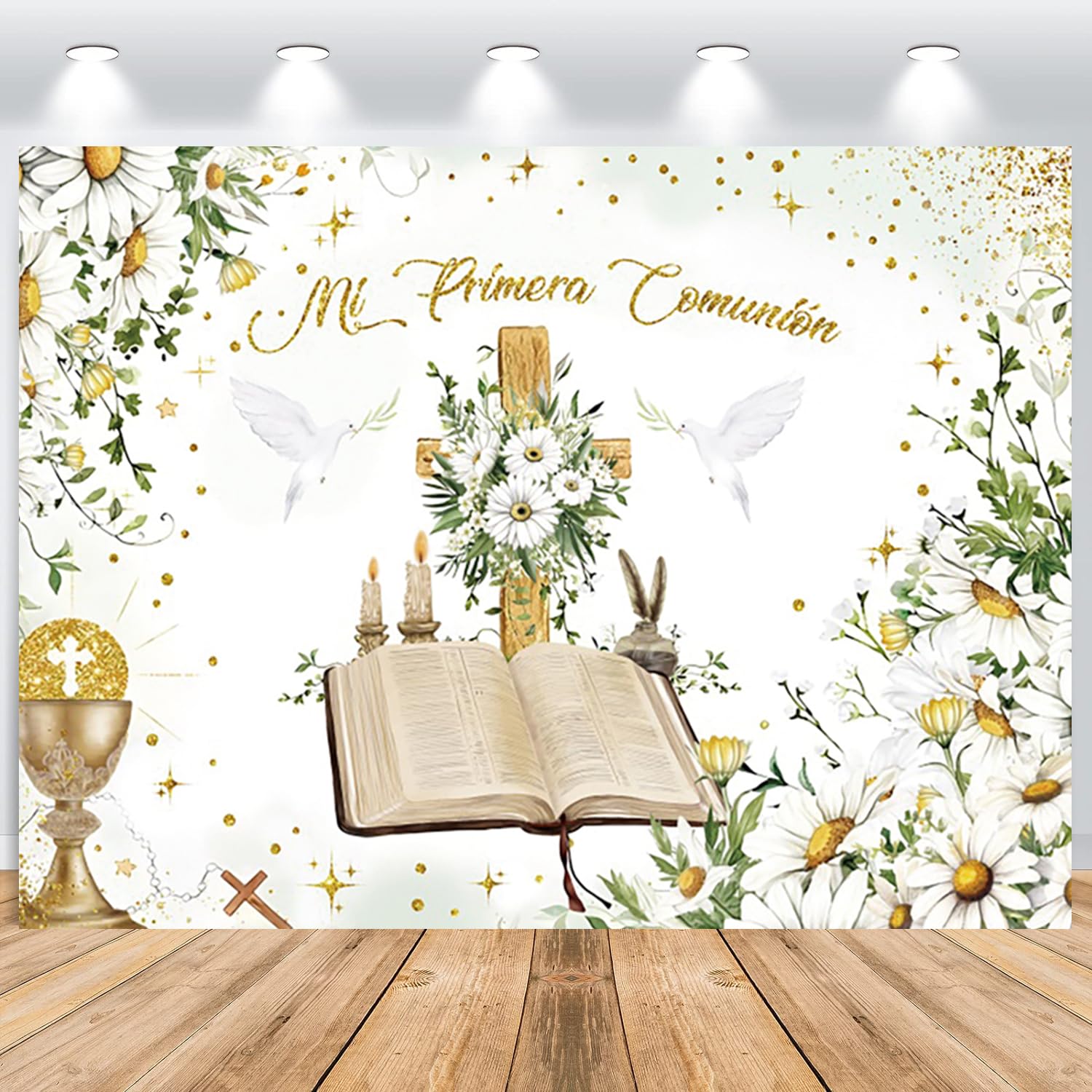 ASDCXZ Toile De Fond Photo Ma Première Communion 2,2x1,5 M – Fleurs, Feuilles, Colombe, Bible, Thème Religieux, Vinyle, Décoration Fête, Baptême, Communion