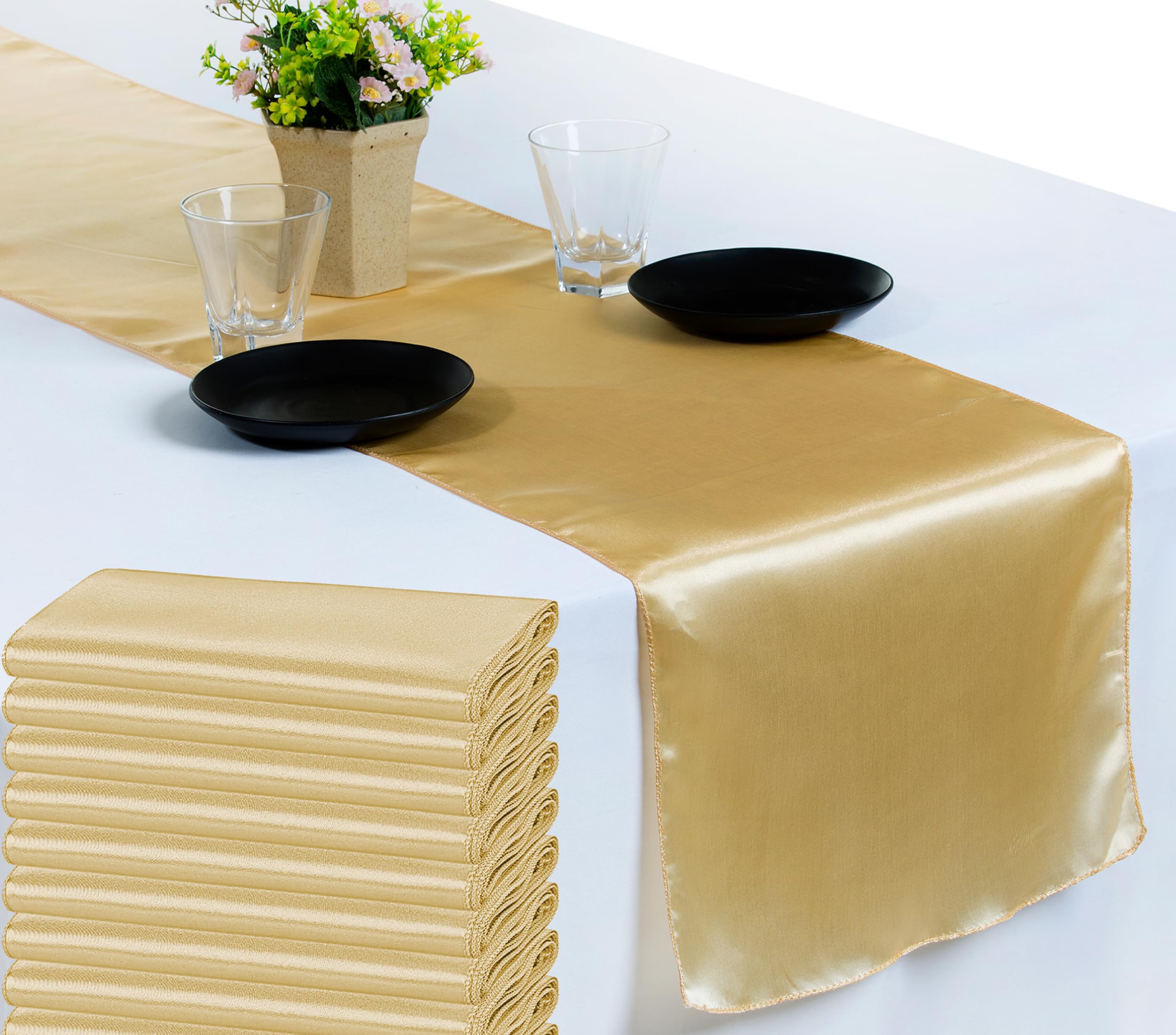 VDS Pack of 20 Satin Table Runners for Wedding & Party Décor 12” x 108”, Smooth Glossy Sateen Fabric Runner, Dining Table Decoration for Reception Banquet & Events Hotel Restaurant - Beige