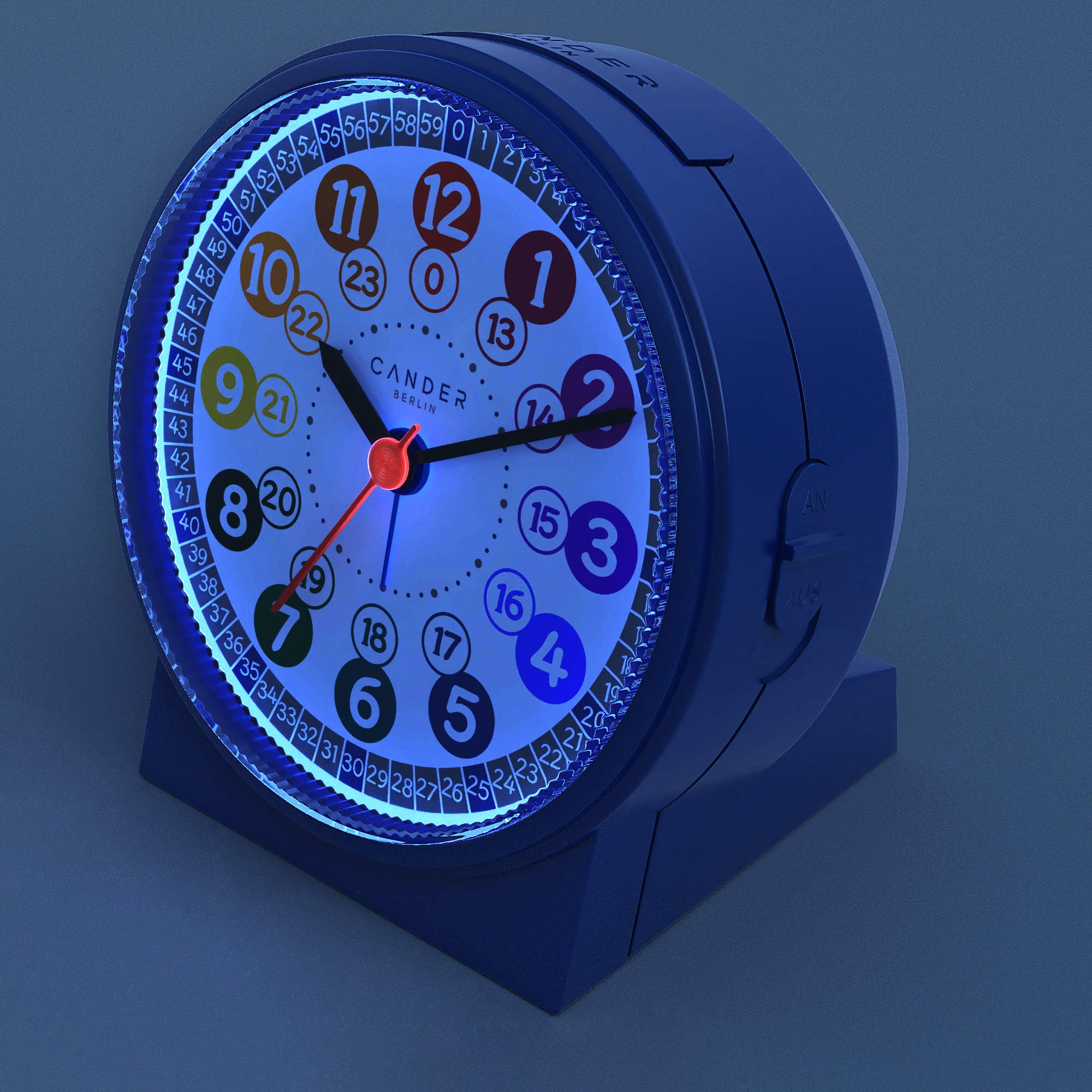 Cander Berlin MNU 1030 J Kinderwanduhr und MNU 1009 J Kinderwecker lautlos blau Lernuhr Wecker Kinder Licht Snooze geräuschlos leise ohne Tickgeräusche analog Wanduhr Kinderzimmer Jungen Mädchen