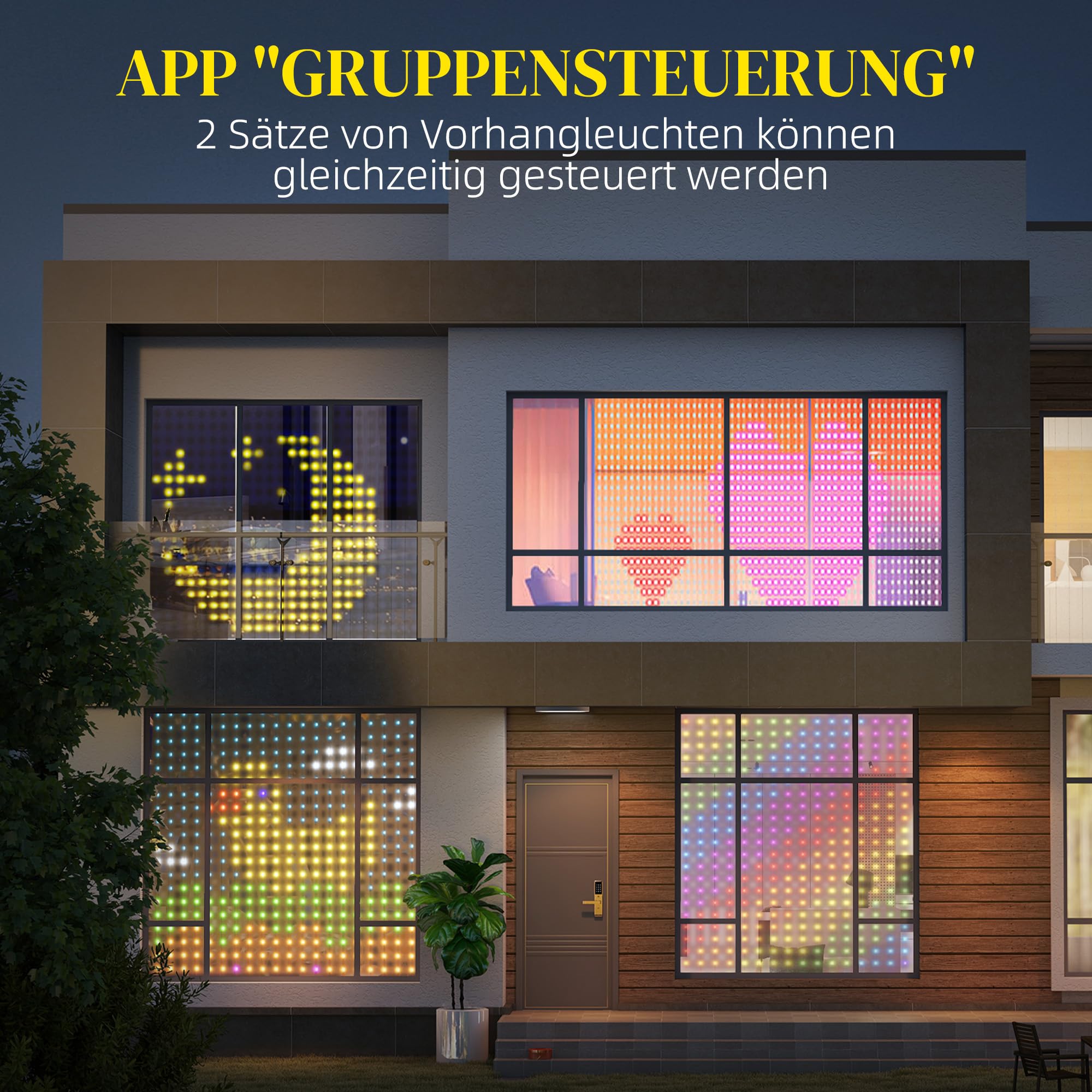 HOMCOM Lichterkette 3×3m 400 LEDs Lichtvorhang Verstellbare Helligkeit | Musik-Synchronisation, Szenenmodi, Timerfunktion, Lichterkettenvorhang, Innen Außen, IP44, Hochzeit, Party, Weihnachten