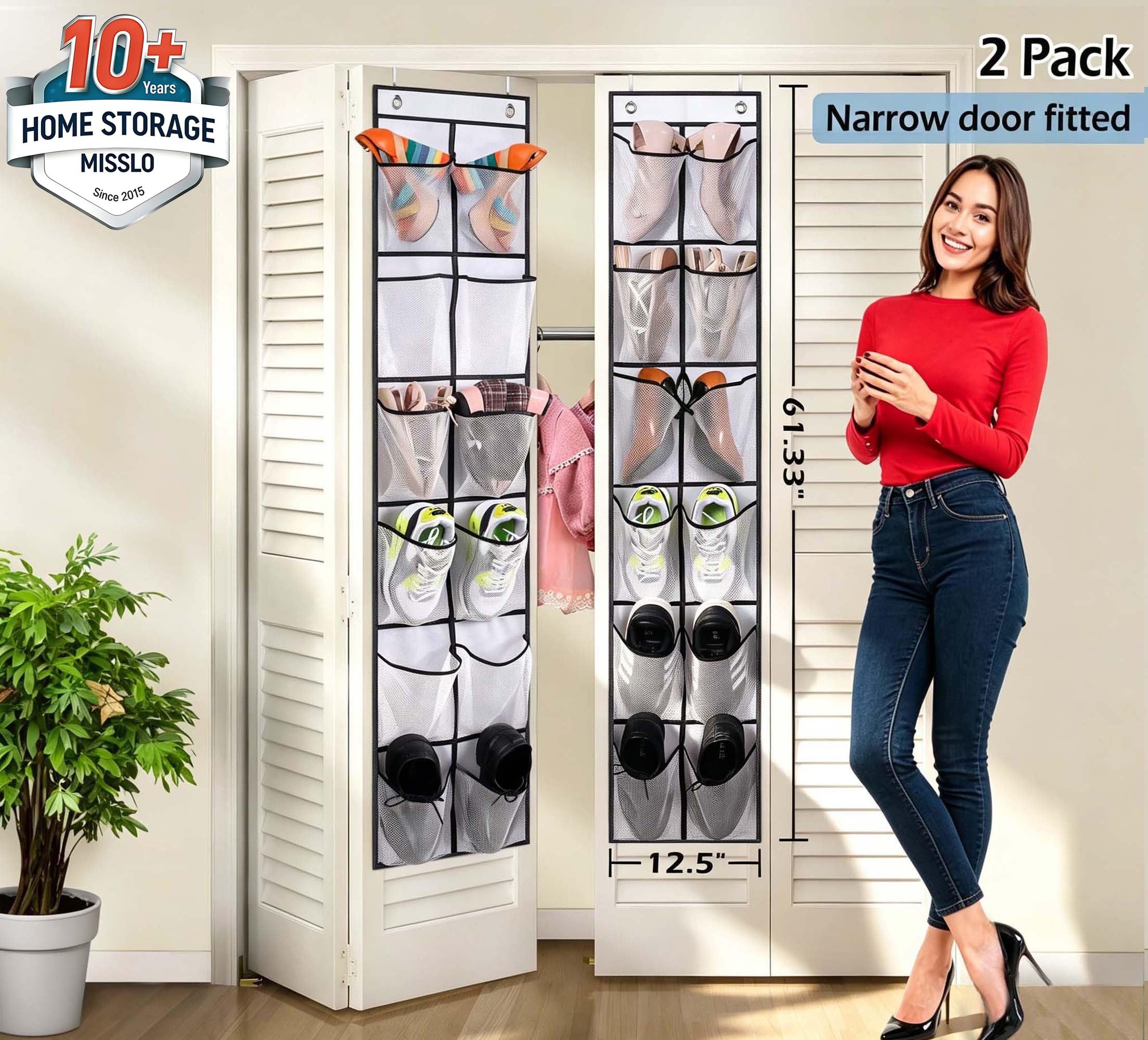 MISSLO Schuh-Organizer für die Tür, 12 große Netztaschen, zum Aufhängen, schmale Schranktür, Weiß, 2 Stück