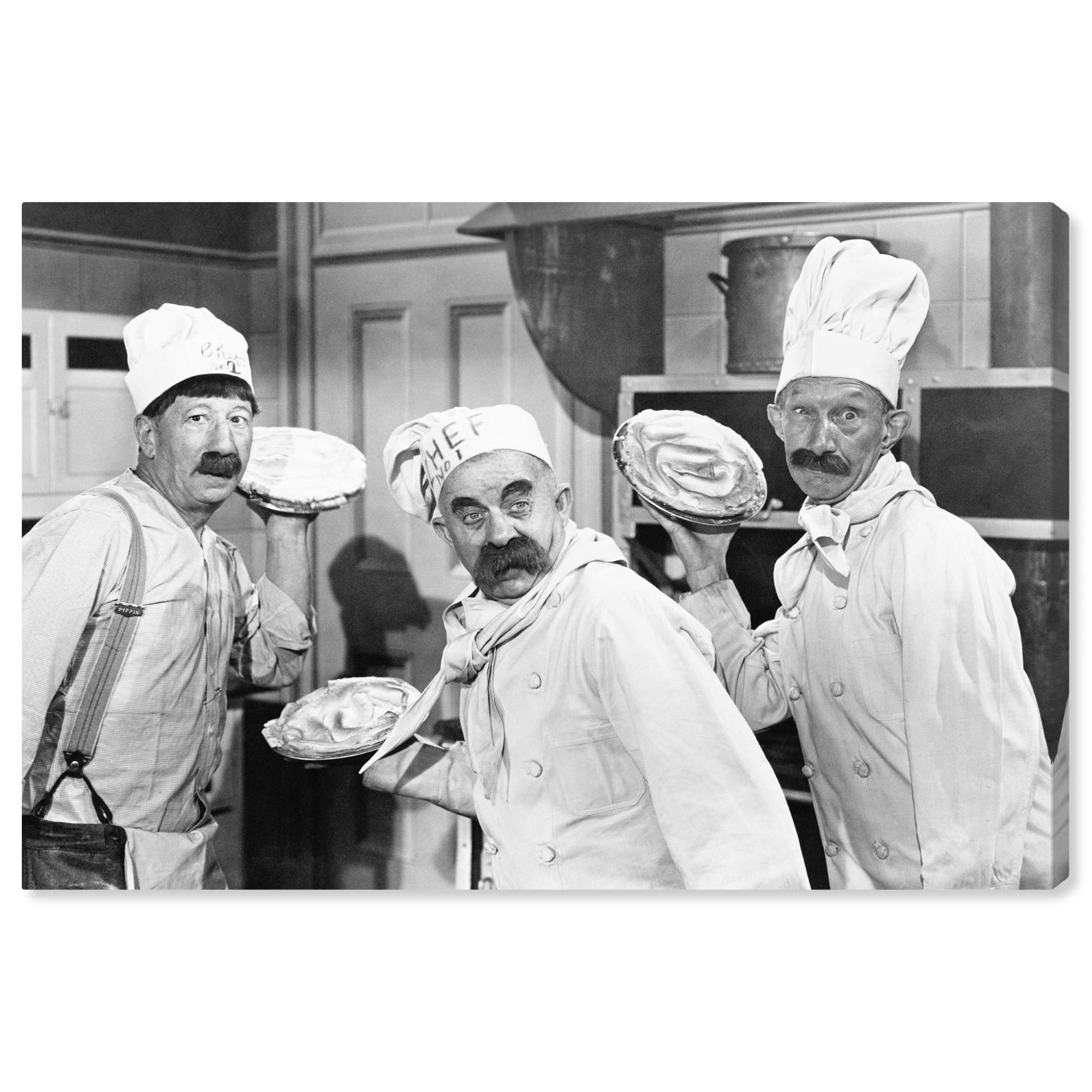 Wynwood Studio Food and Cuisine Wall Art Canvas Prints 'Pie Fight' Cooking and Chef Home Décor, 30" x 20", Black, White
