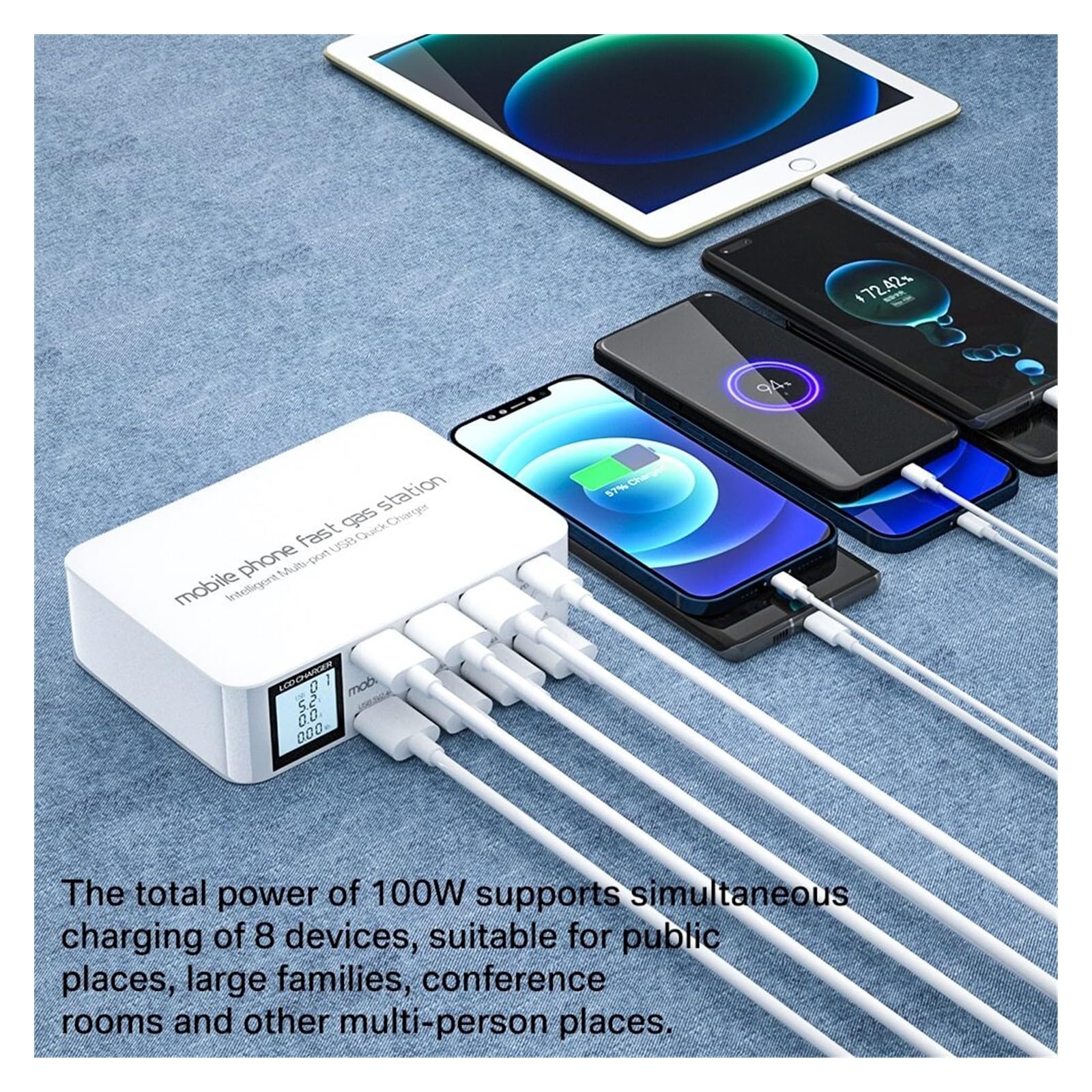 Stacja ładująca USB 100 W z 3 portami szybkiego ładowania USB QC3.0 20 W Port USB PD typu C Wyświetlacz LCD Szybka ładowarka