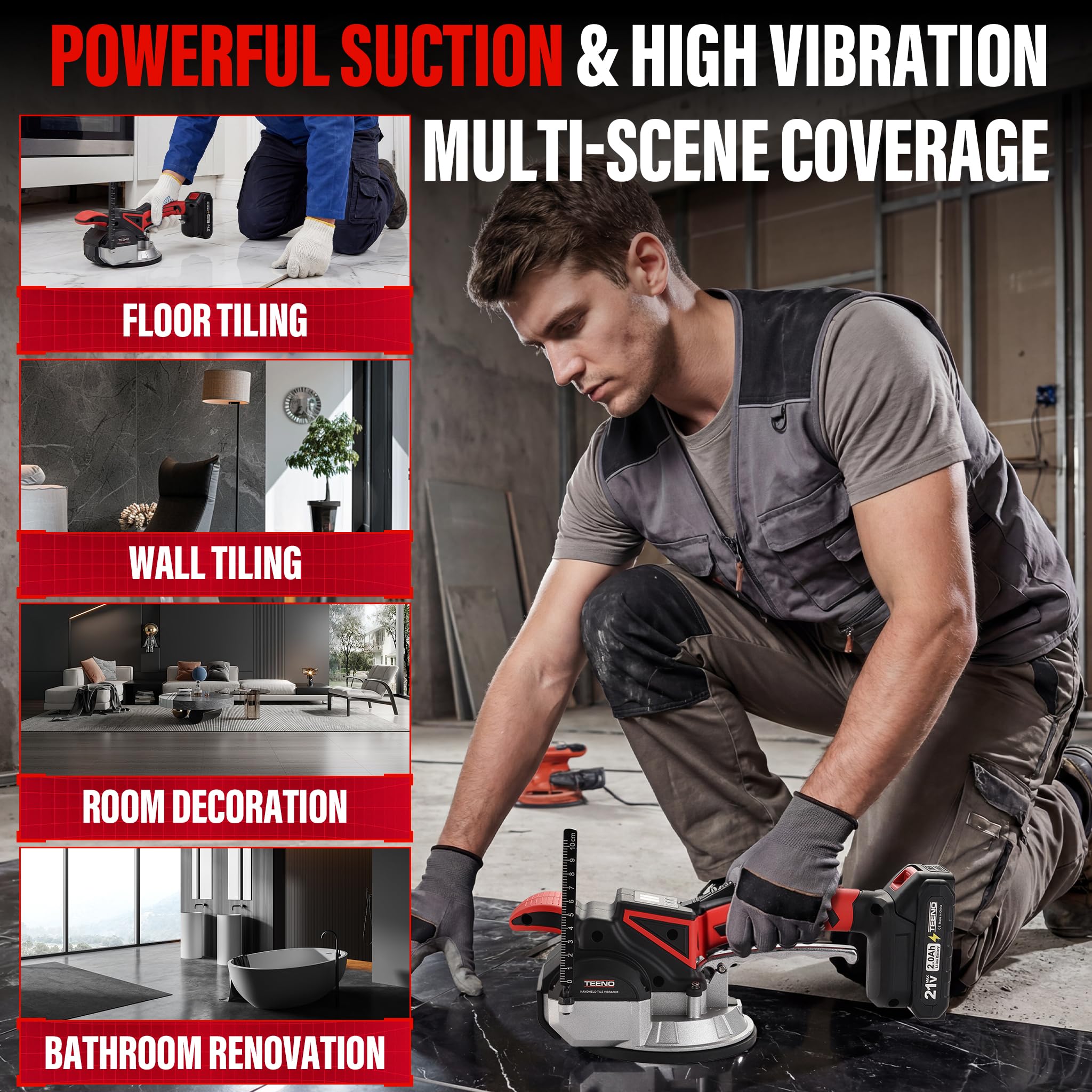 TEENO 2 en 1 Ventouse Vibrante Carrelage Sans Fil,Ventouse Carrelage Electrique avec 2x2Ah Batteries,9 Vitesses,500 kg Aspiration,12000RPM Vibration,145mm Ventouse+Échelle+Râteau,pour Carreaux & Verre