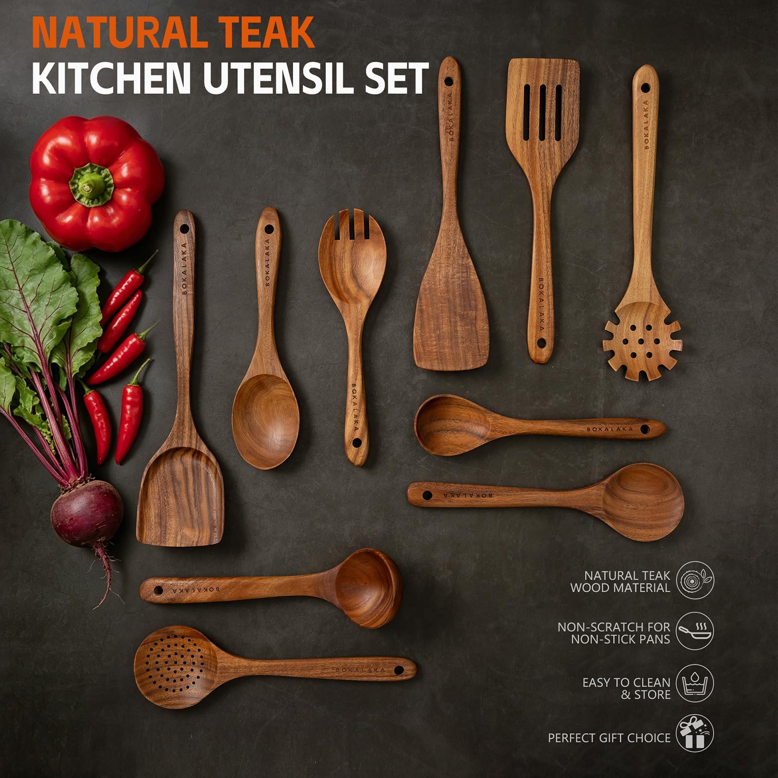 BOKALAKA Juego de 10 utensilios de cocina de madera de teca natural, espátulas y cucharas para cocinar