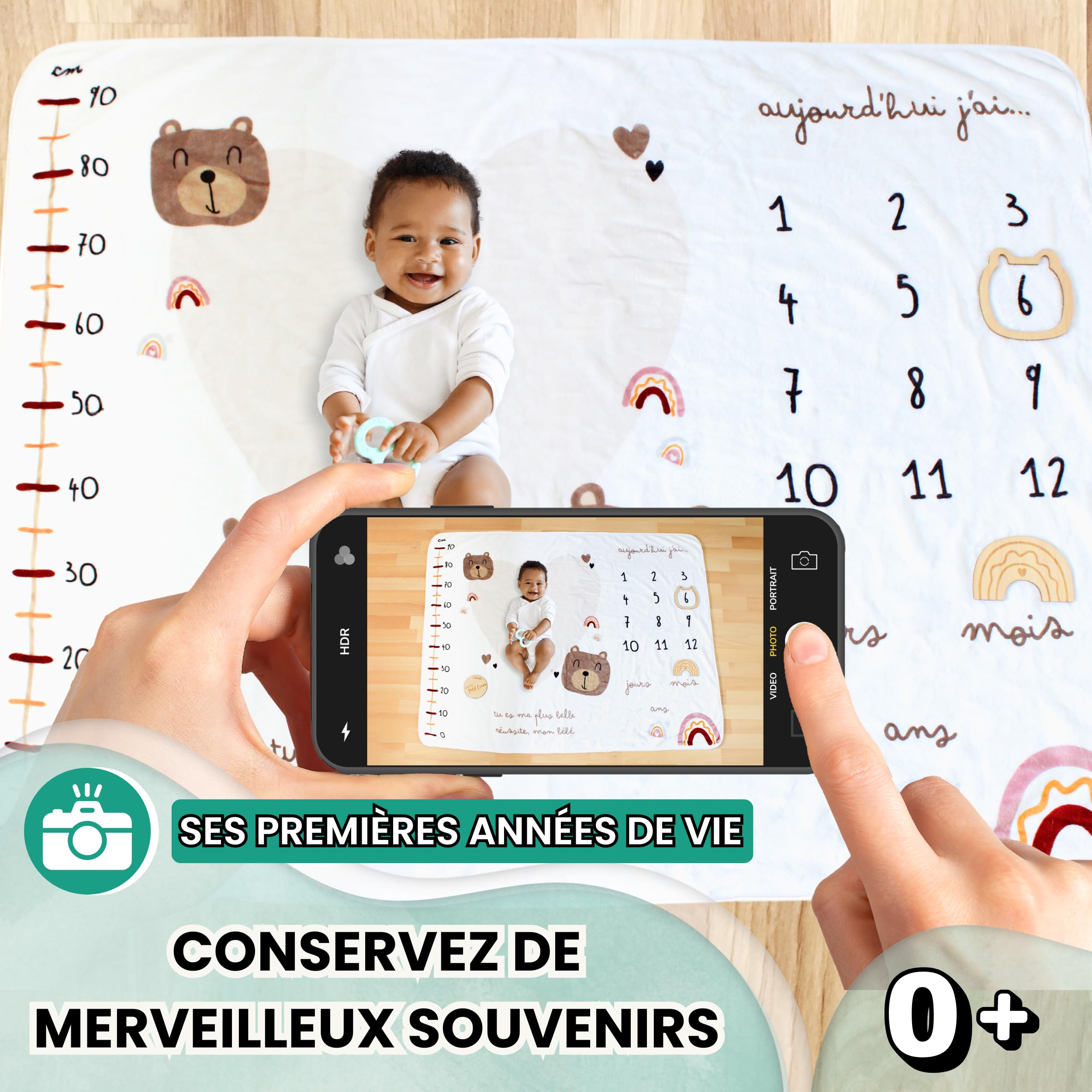 Keep'Love - Couverture Étape Bébé - Tapis Mois Bebe en Français - Tapis Photo Bebe Mois - Cadeau Naissance Fille Garçon - Baby Shower - Future maman - Toise imprimée Accessoires Inclus (Modèle Ourson)