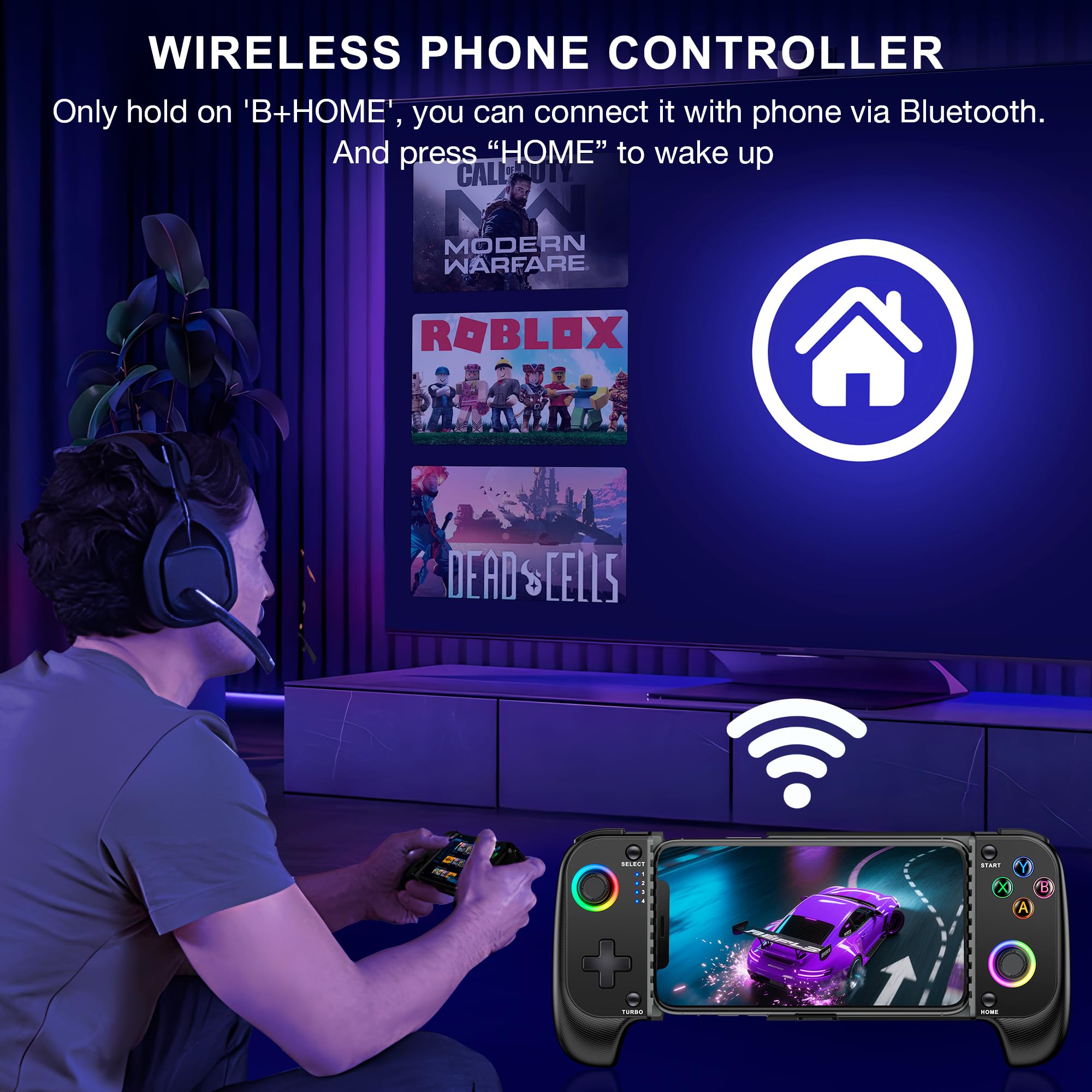 HELLCOOL Manette de jeu mobile pour iPhone et Android, manette de téléphone pour Xbox/Steam/GeForce Now/MFi Apple Arcade/Roblox, manette de jeu sans fil avec effet Hall/RGB