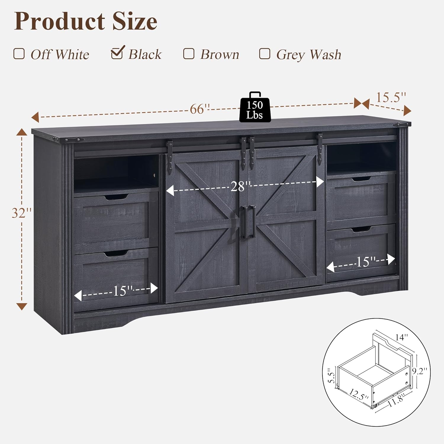 JXQTLINGMU Farmhouse TV Stand for 75+ Inch TV, 32" Tall Entertainment Center w/4 Drawers & Sliding Barn Door, Rustic Media Console w/Storage Shelves, 66" Wood Television Stand for Living Room, Black 66"W x 15.5"D x 32"H (Without Fireplace) Black
