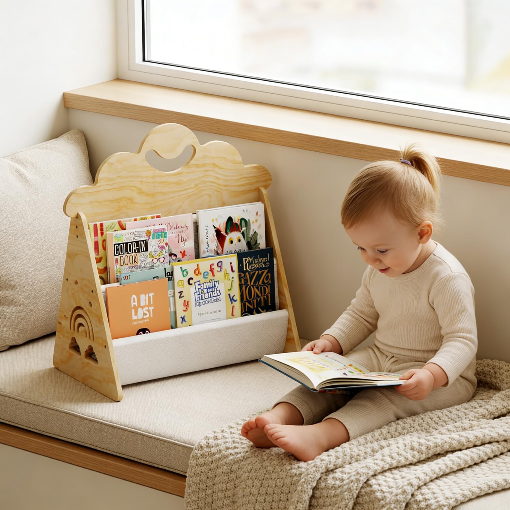 CEWROM Montessori Bibliothèque en bois pour enfants, double face avec poches en toile robuste, portable avec poignée, pour chambre d'enfant, salle de jeux et maternelle
