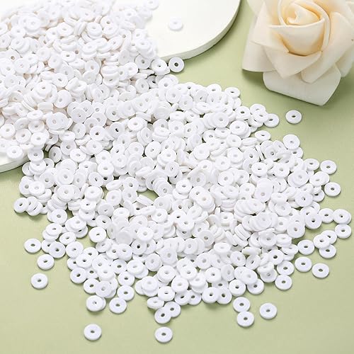 Miniatura 3 de Bflaae 1500 cuentas de arcilla blanca para hacer pulseras, espaciador de polímero redondo plano, kit de cuentas de arcilla heishi para fabricación