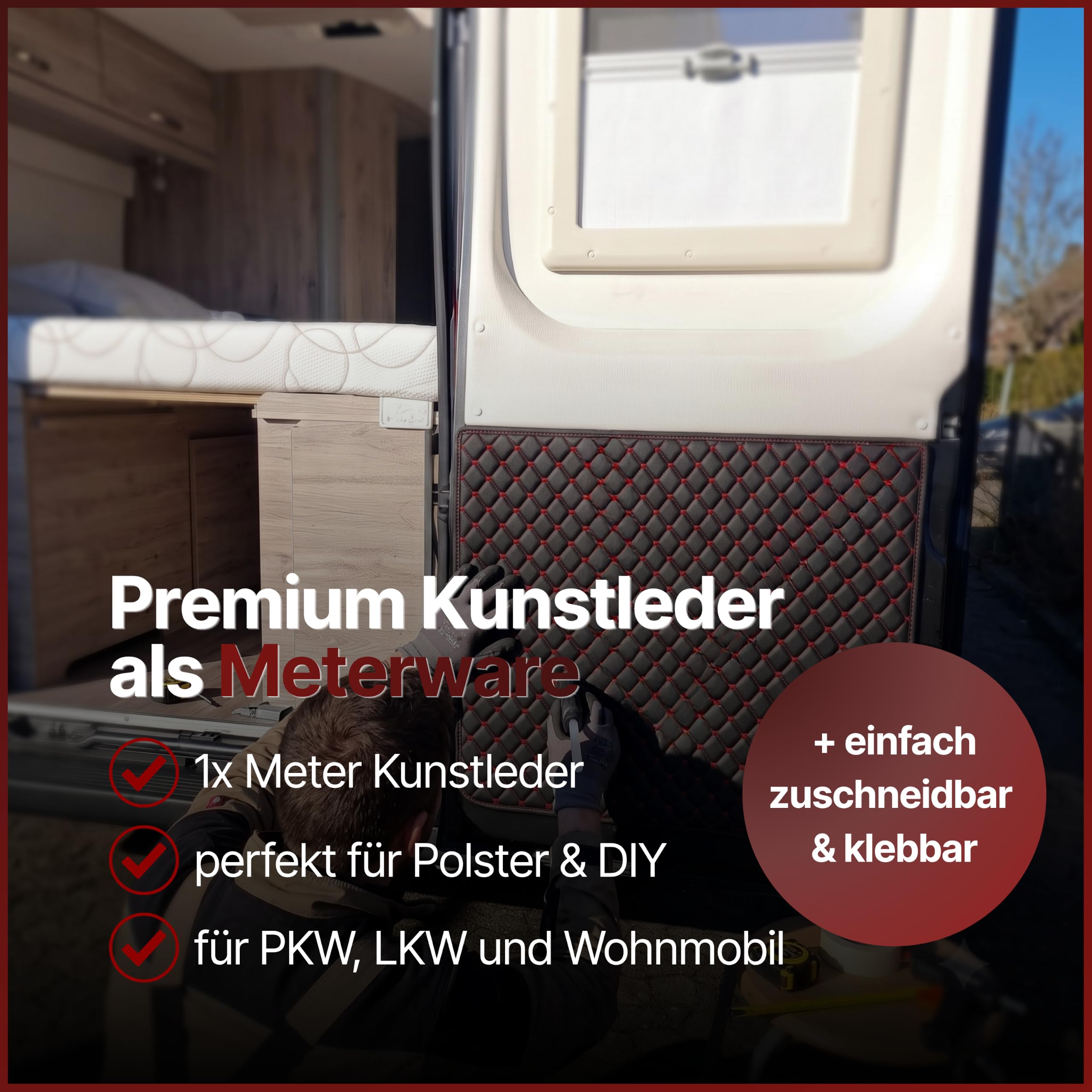 Kunstleder Meterware Leder Polsterstoff gesteppt Stoff Möbelstoff Bezugsstoff Lederstoff Polsterbezug 100cm x 140cm (schwarz mit roten Nähten)
