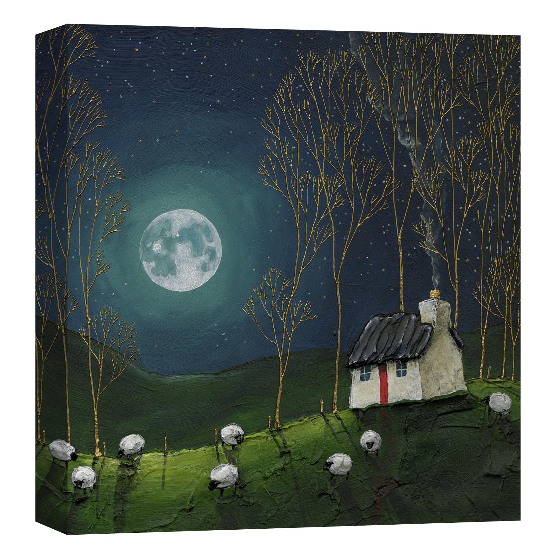 Artko Countryside Cottage Canvas Print Wall Art - 'Teal Glow' Moonlight Home Decor - Geoff Beckett Artwork - Ready to Hang Painting - 30 x 30cm