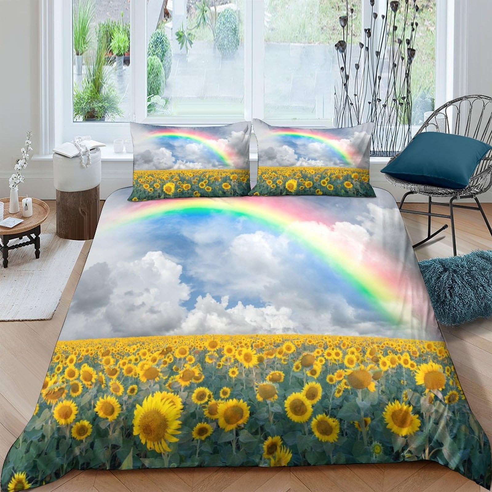 XFKLYNVCJ 3D Printed Rainbow sky Comforter Cover Polyester Nature landscape style_ Bed Cover Fade Resistant Quick Drying for Teen Bedroom Young Adults Rental Home Use Single（135x200cm）