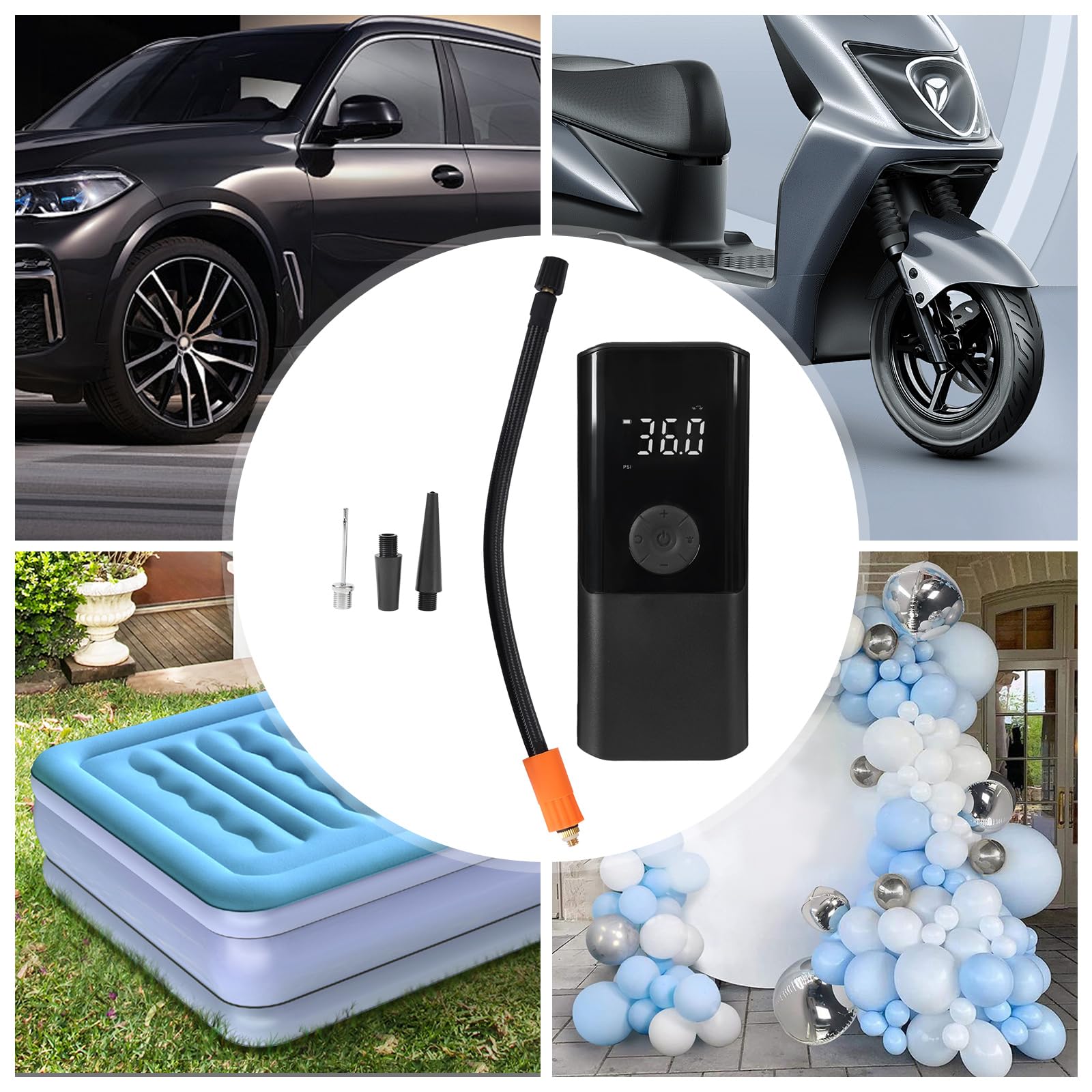 Mini pompka powietrza do opon, 12 V, sprężarka powietrza, przenośna pompka powietrza, kabel do ładowania, ciśnienie LED, wskaźnik LED, pompka, do samochodów, motocykli, rowerów i piłek
