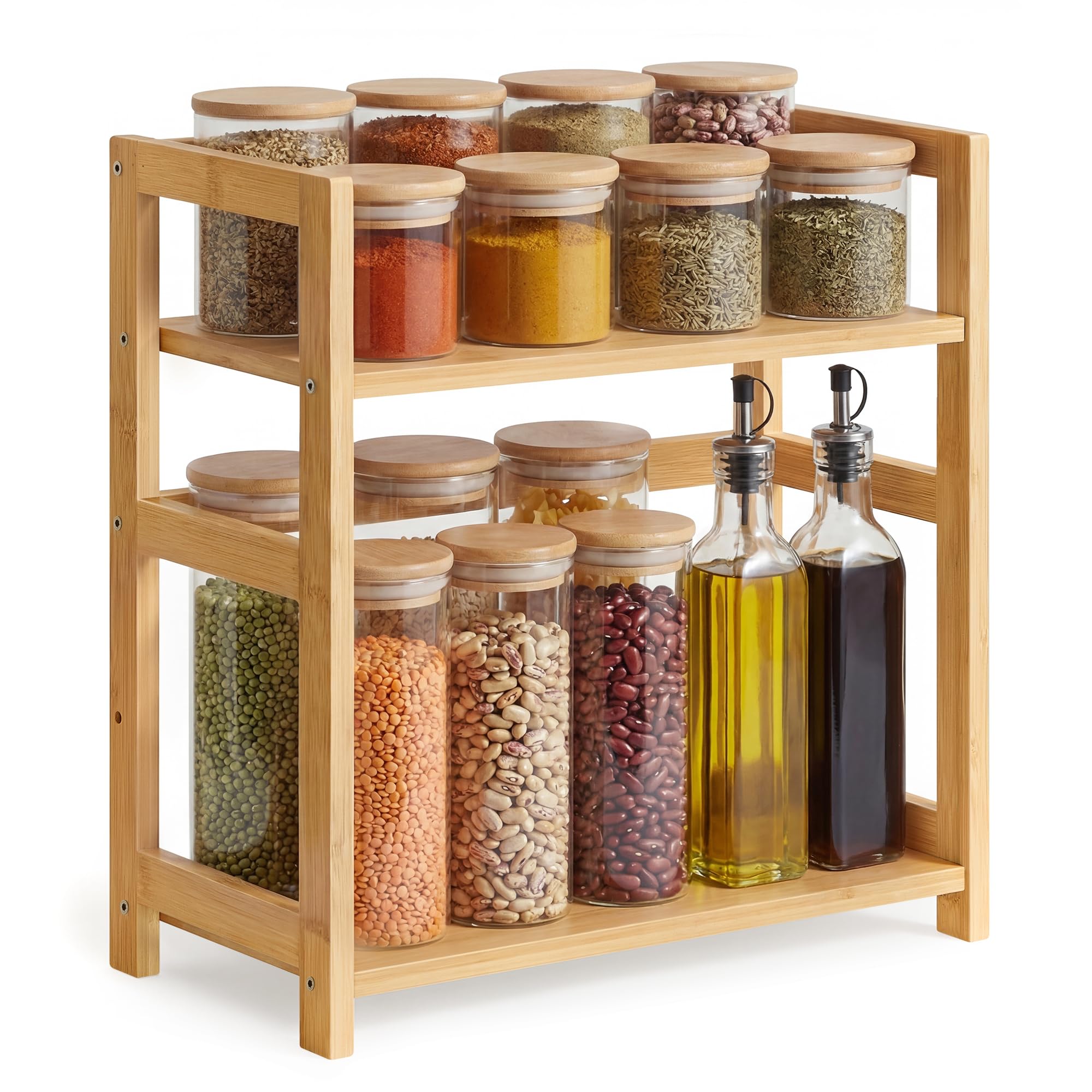 SONGMICS Spice Rack, 2-Tier Countertop Storage Shelf, Desktop Organiser with Bamboo Frame, for Kitchen, Dining Room, Office, Natural Beige OFS046Y101