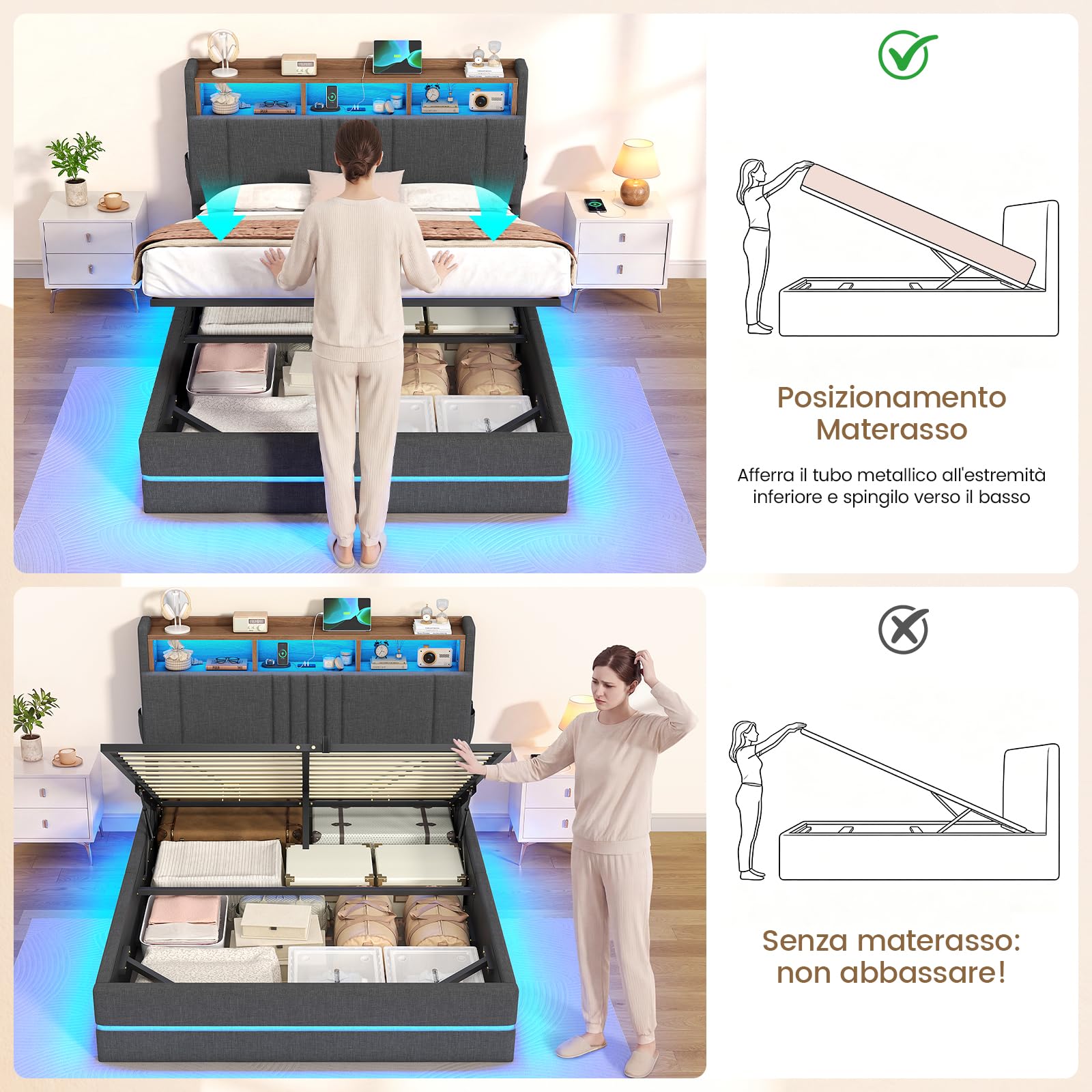 AOGLLATI Letto Matrimoniale 140x190 con Sollevamento Idraulico Grigio Scuro