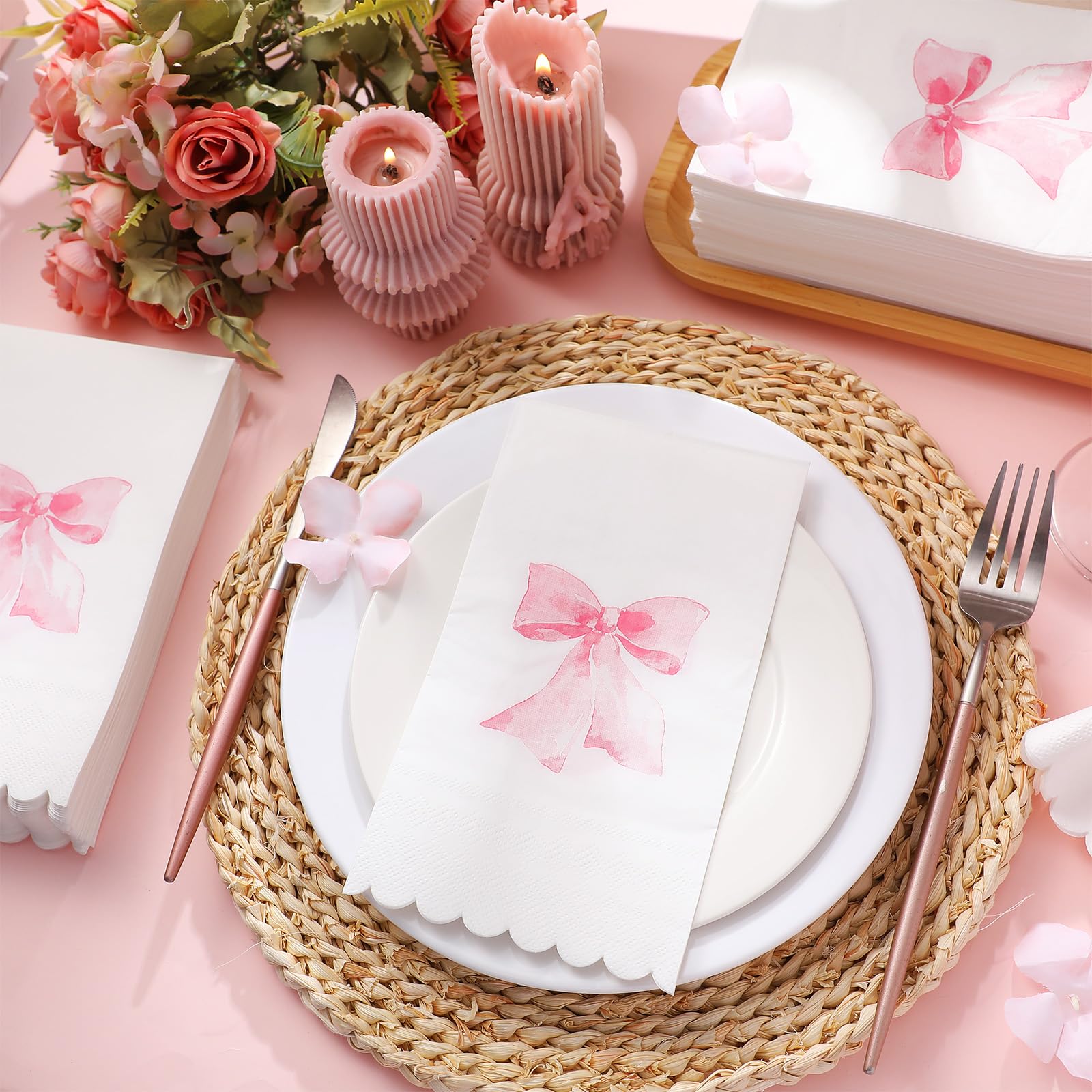 HunnmingRe 150 servilletas de lazo para decoupage, coqueta, suministros de fiesta, servilletas de papel desechables para despedida de soltera, baby shower, té, boda, cumpleaños (rosa, rectangular)