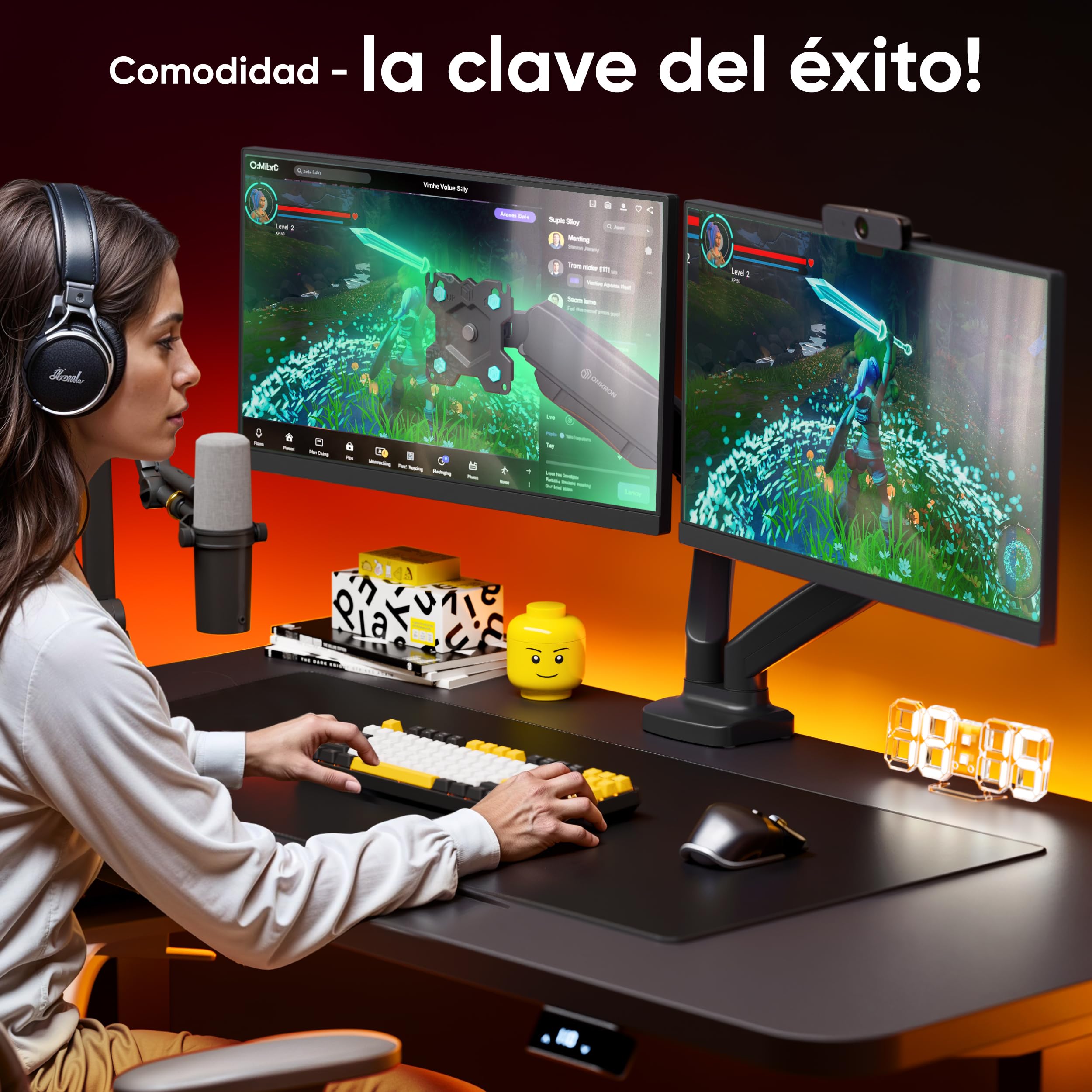 ONKRON Soporte Monitor Doble Brazo para Pantallas 13-32¨Soporte 2 Monitores con VESA 75/100mm, Muelle de Gas de hasta 2 x 8kg, Inclinación Giratorio Rotación con Ajuste de Altura, Negro G160