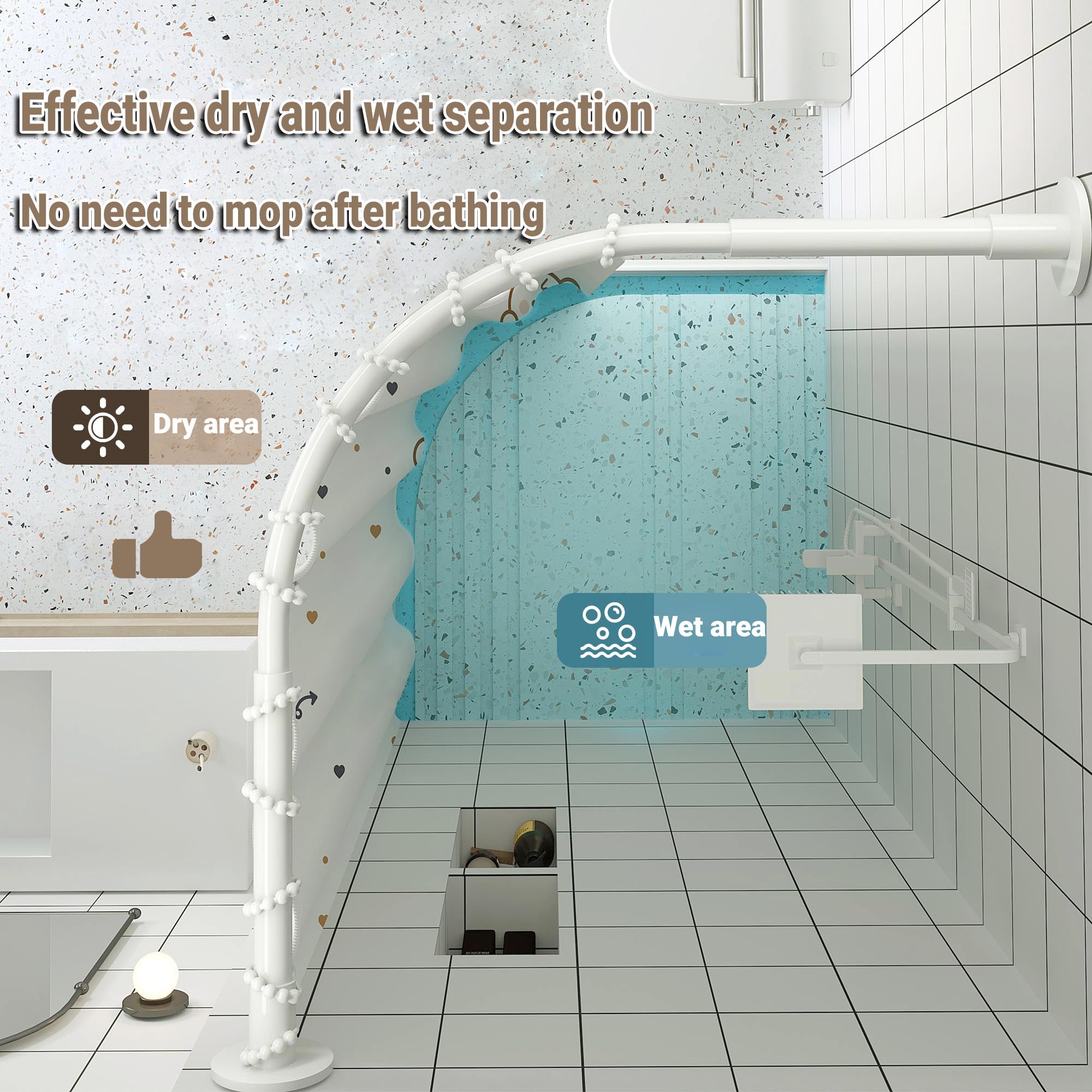 Tringle à Rideau De Douche En Forme De L, Barre Rideau Sans Perçage, Barre De Douche TéLescopique RéGlable 304 Acier Inoxydable Antirouille, Pour Les Vestiair(Size:B 70-95cm x 90-130cm,Color:blanc)