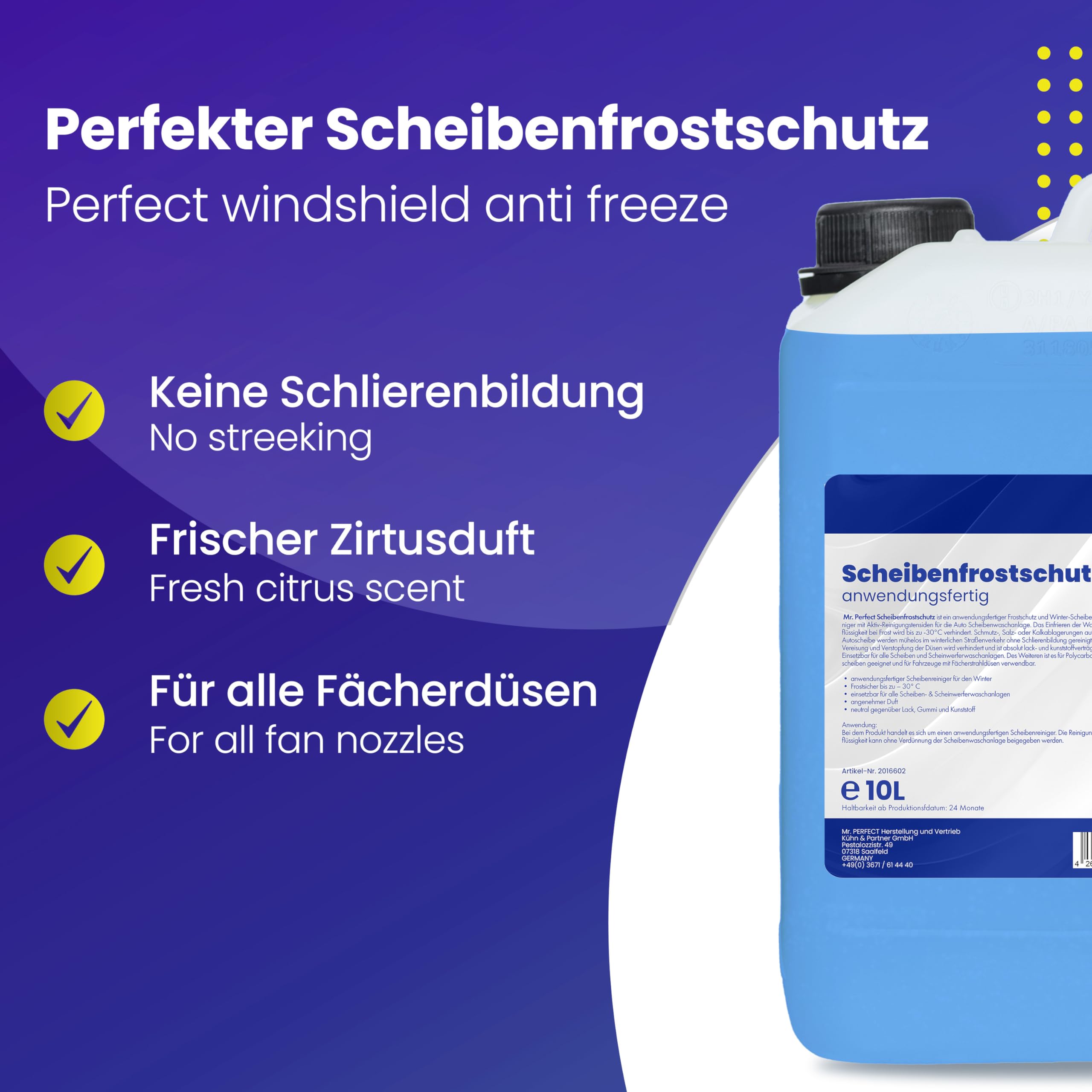 Mr. Perfect® Antigel – Pare-brise – 2 x 10 l – Parfum citron – Lave-glace jusqu'à -30 °C – Sans traces – Prêt à mélanger – Liquide lave-glace d'hiver