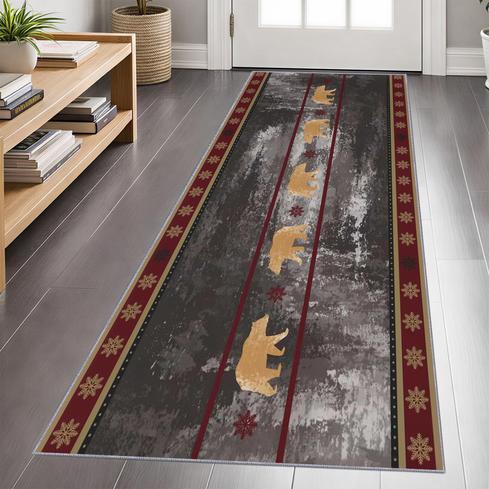 Rustic Bear Carpet Runner 60x240cm, Vintage Rust Mottled Carpet Runners for Hallways, Bear Cabin Long Area Rug, Machine Washable Rug for High Traffic Areas in Hallway