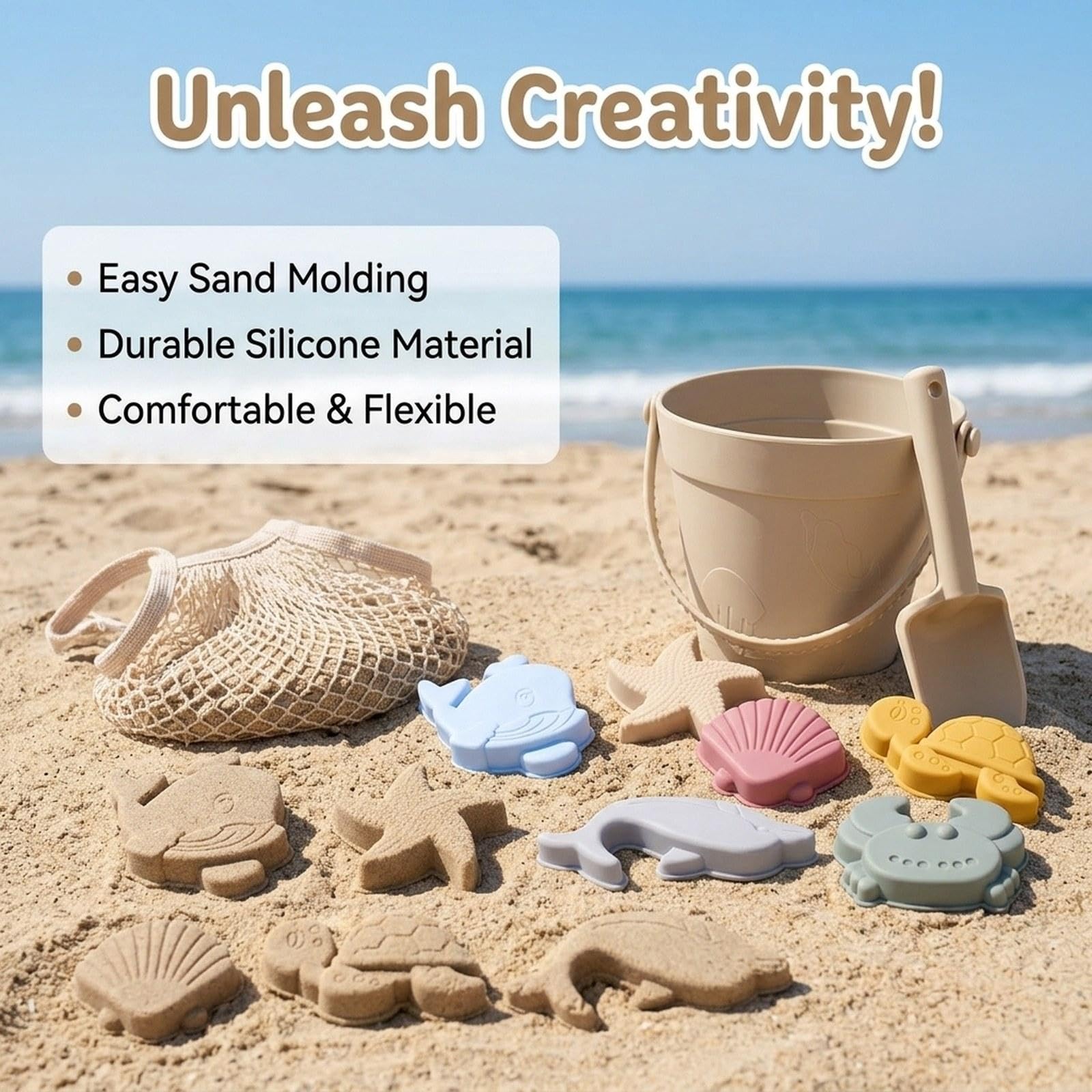 Set di Giochi Sensoriali da Spiaggia in Silicone, Sabbiera Portatile per Bambine, Giocattolo per Scavare, Beige Bianco