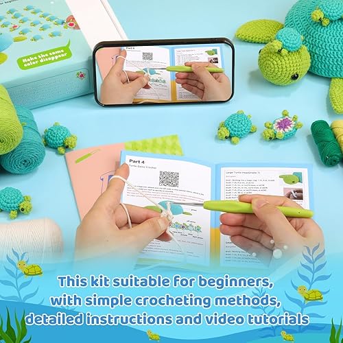 Miniatura 3 de FOUSNOW Kit de ganchillo para principiantes, kit de 21 piezas de animales de ganchillo de la familia de tortugas para adultos, juego de memoria a