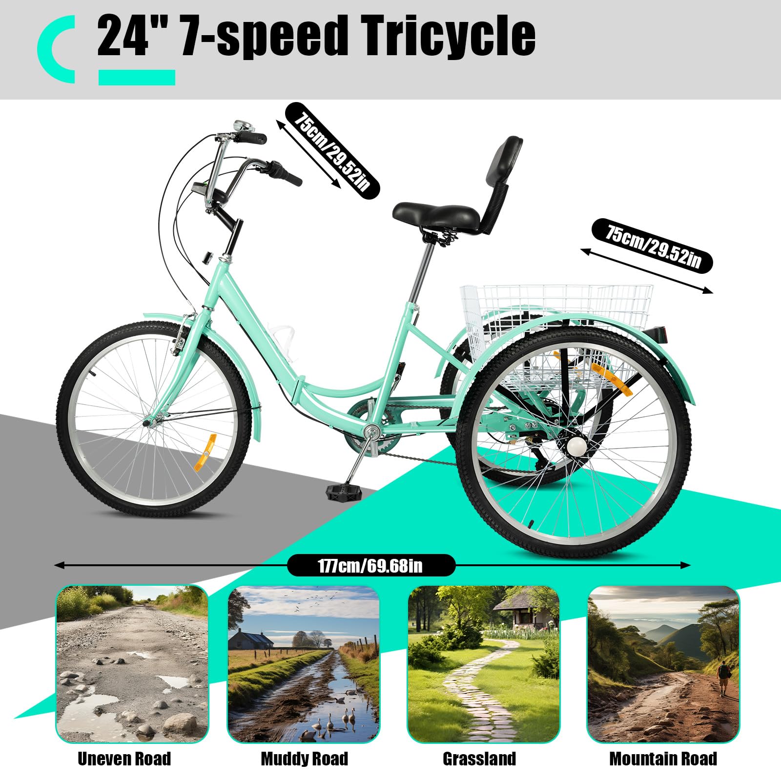 Bicicletta a triciclo da 24 pollici per adulti, 7 marce, 3 ruote pieghevole, bicicletta a tre ruote con cestino per lo shopping, ideale per tempo libero, acquisti, picnic e viaggi (Blu-verde)