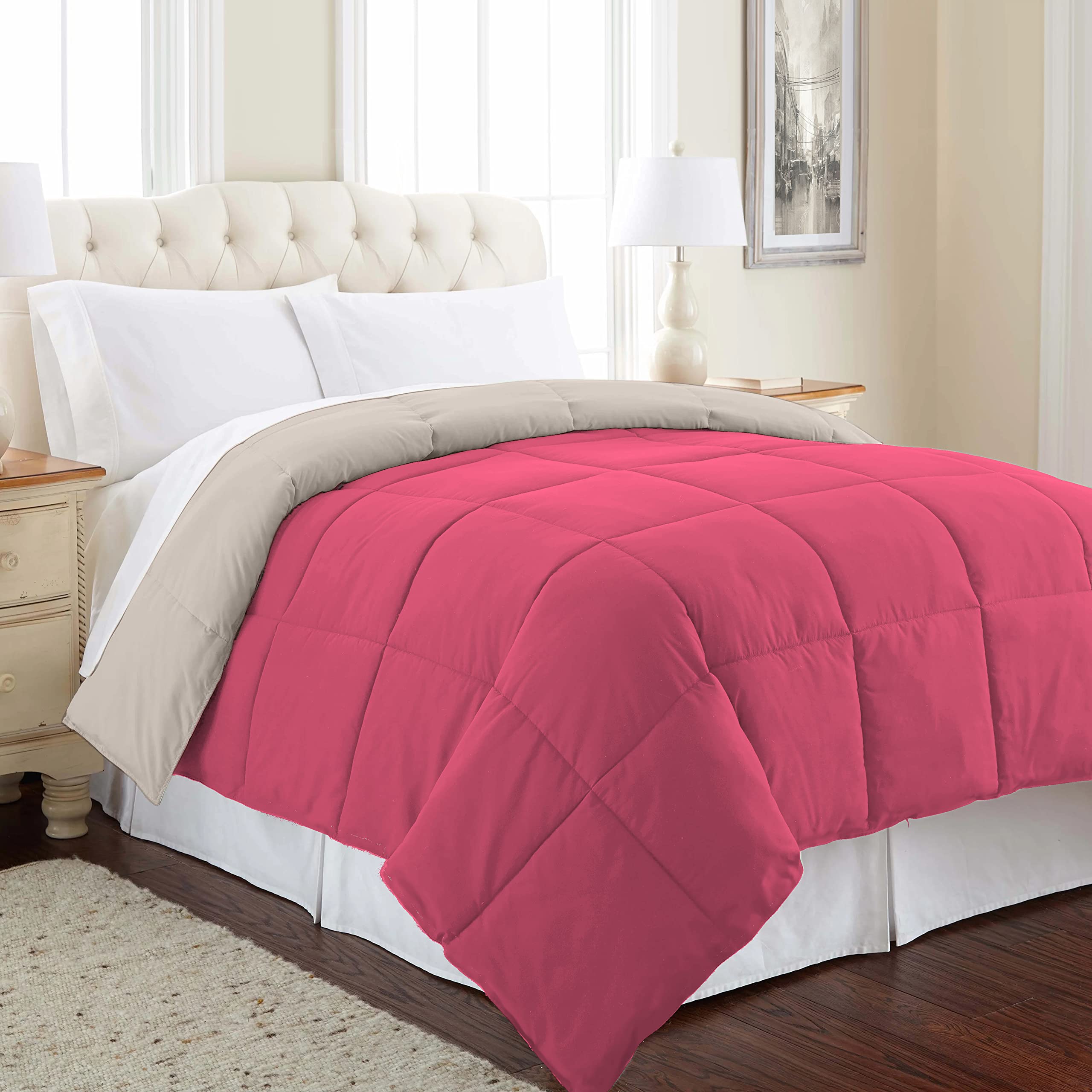 bien LIVINGMicrofiber Reversible Comforter Single Size (60 x 90 Inches), Sandy Beige + Vivid Pink, 200 GSM