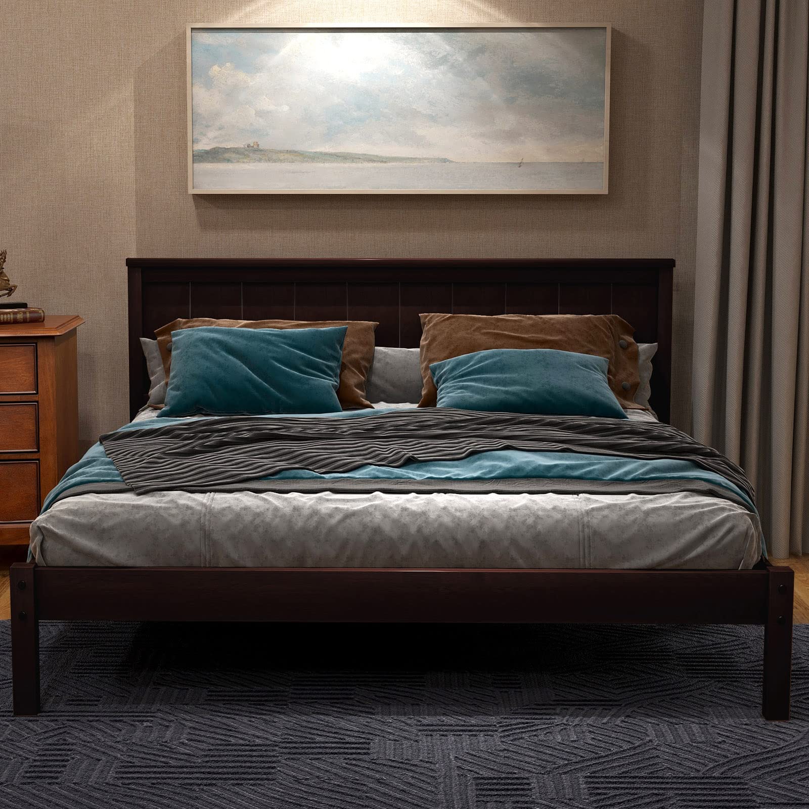 Full Size Wood Platform Bed, Modern Bed Frame with Headboard&Wood Slats Support for Adult Kids Boys Girls Teens, No Box Spring Needed, Easy to Assemble (Espresso)