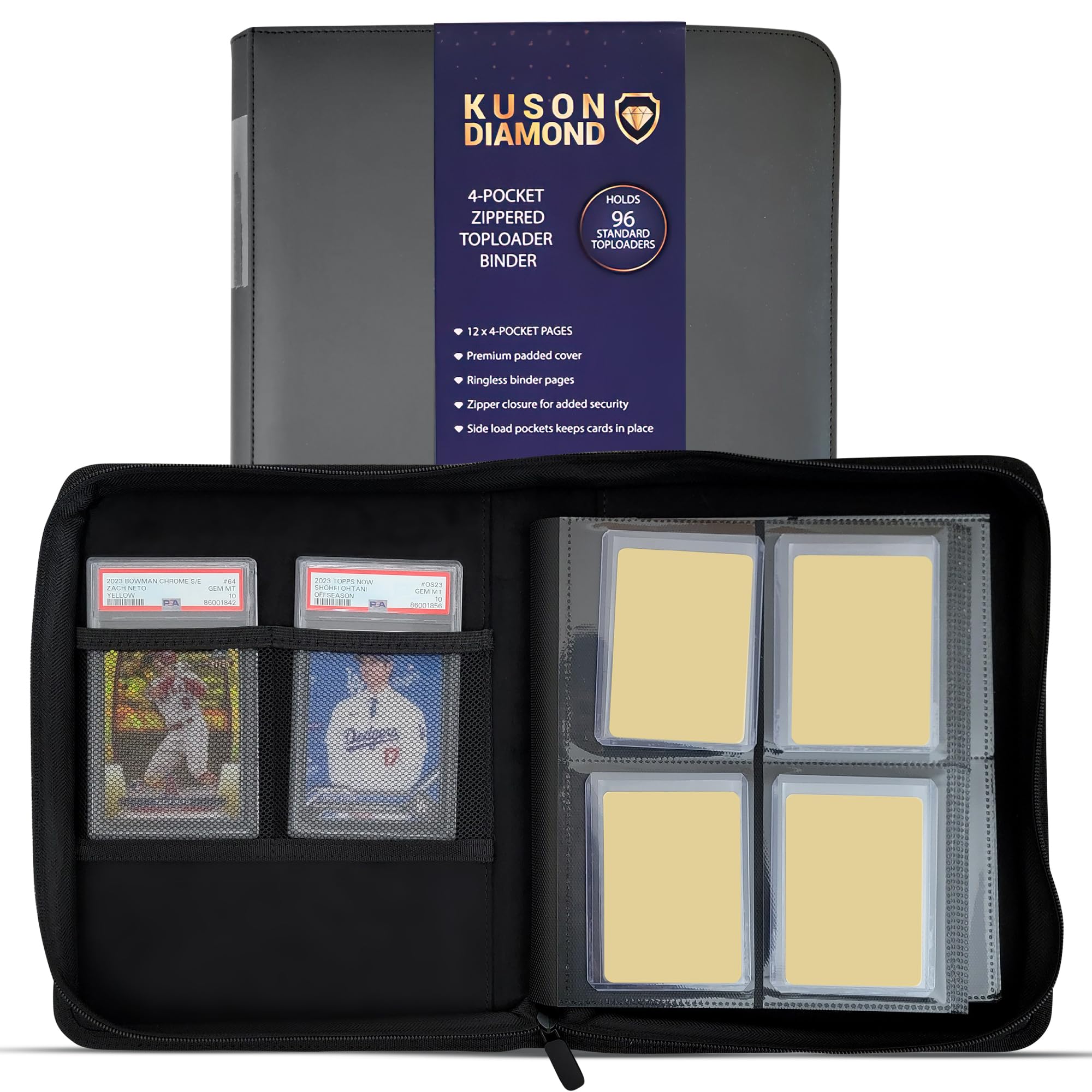 Premium 4 Pocket Mini TopLoader Binder | Holds 96 3”x4” Toploaders Hard Cases | Storage Binder | Side Load Sleeves | FaB/MTG/Cards/TCG | Trading & Sports Holder (4 Pocket Mini with 2 Storage Slots)