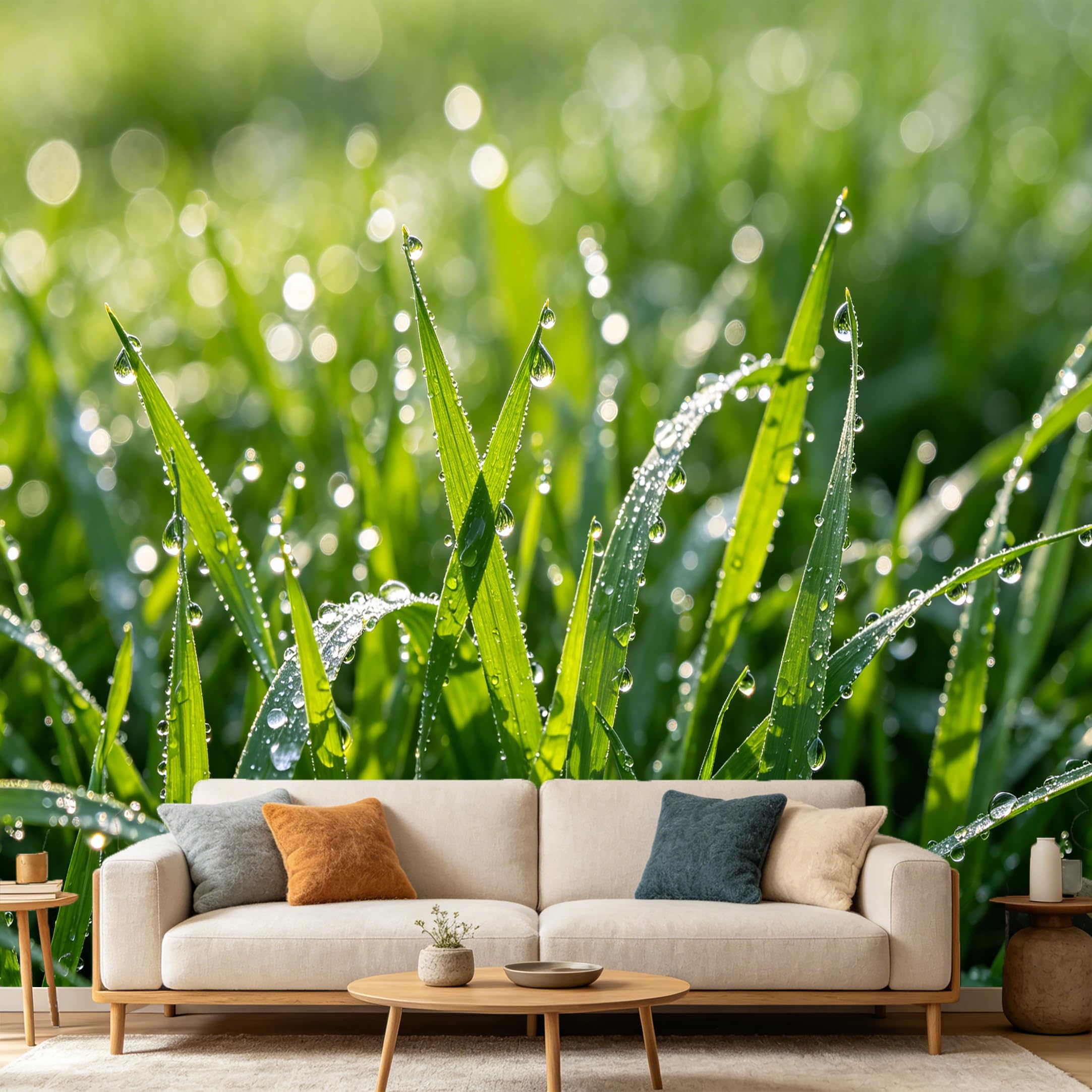 Custom Size Wall Mural Morning Dew Drops Green Nature Leaves Macro Photography，SelfAdhesive Art Prints wall Fabric（No PVC） Removable Wallpaper Home Bedroom Decor