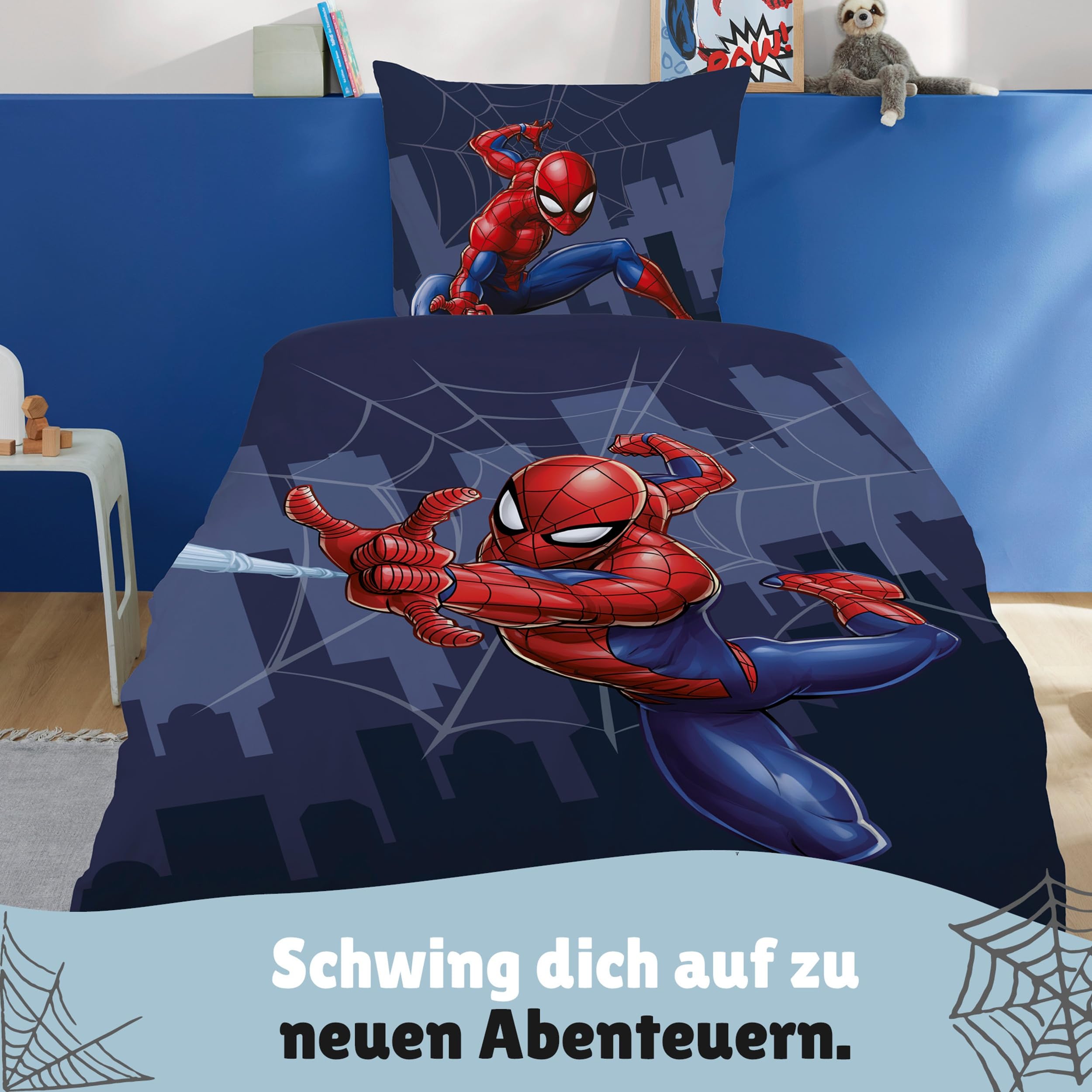 Familando – Marvel Spiderman Bettwäsche Set (2-teilig) – Decken- & Kissenbezug 135x200 cm & 80x80 cm mit Reißverschluss – 100% Baumwolle Renforcé – Wendemotiv mit Spiderman